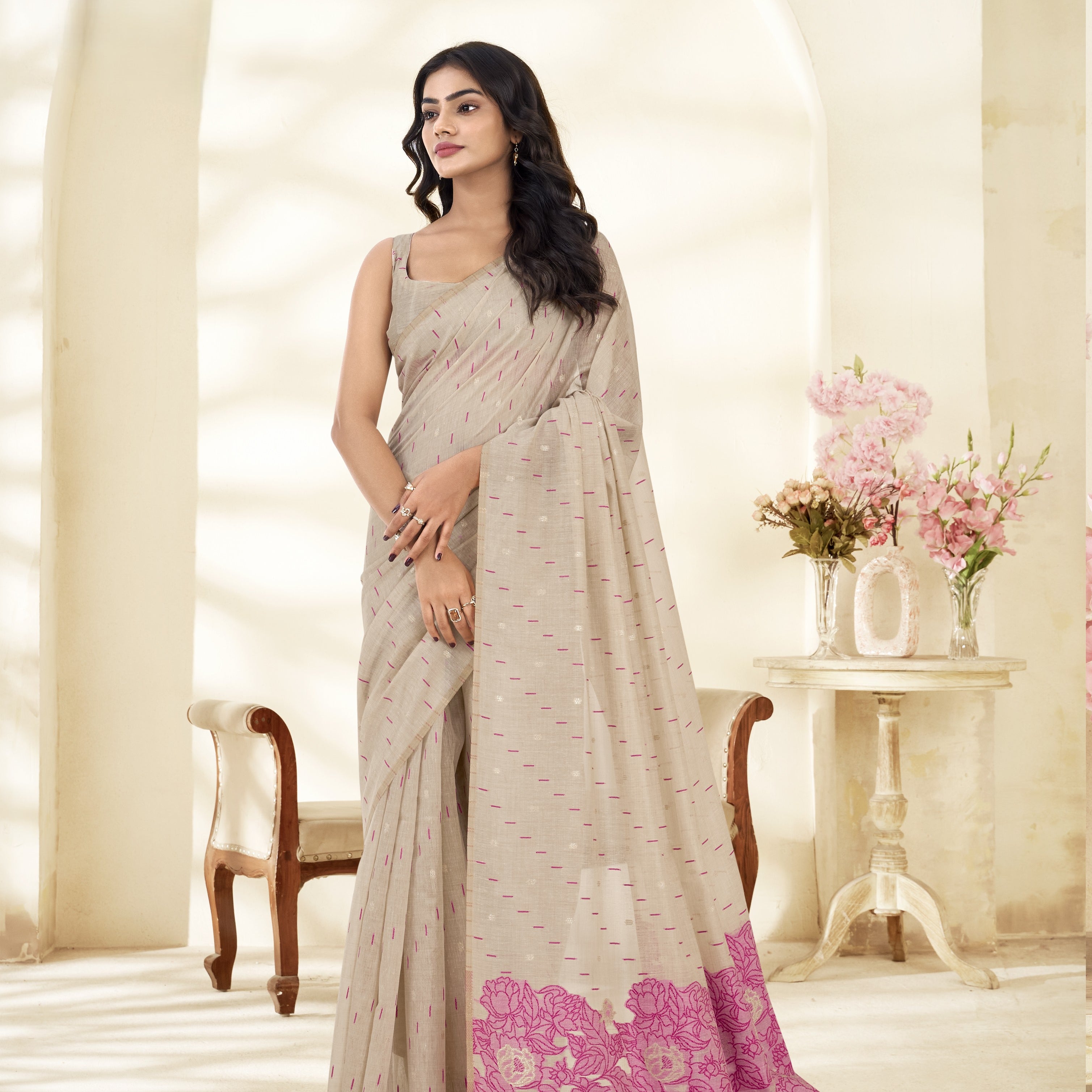 Cotton Saree with Florals Woven Border