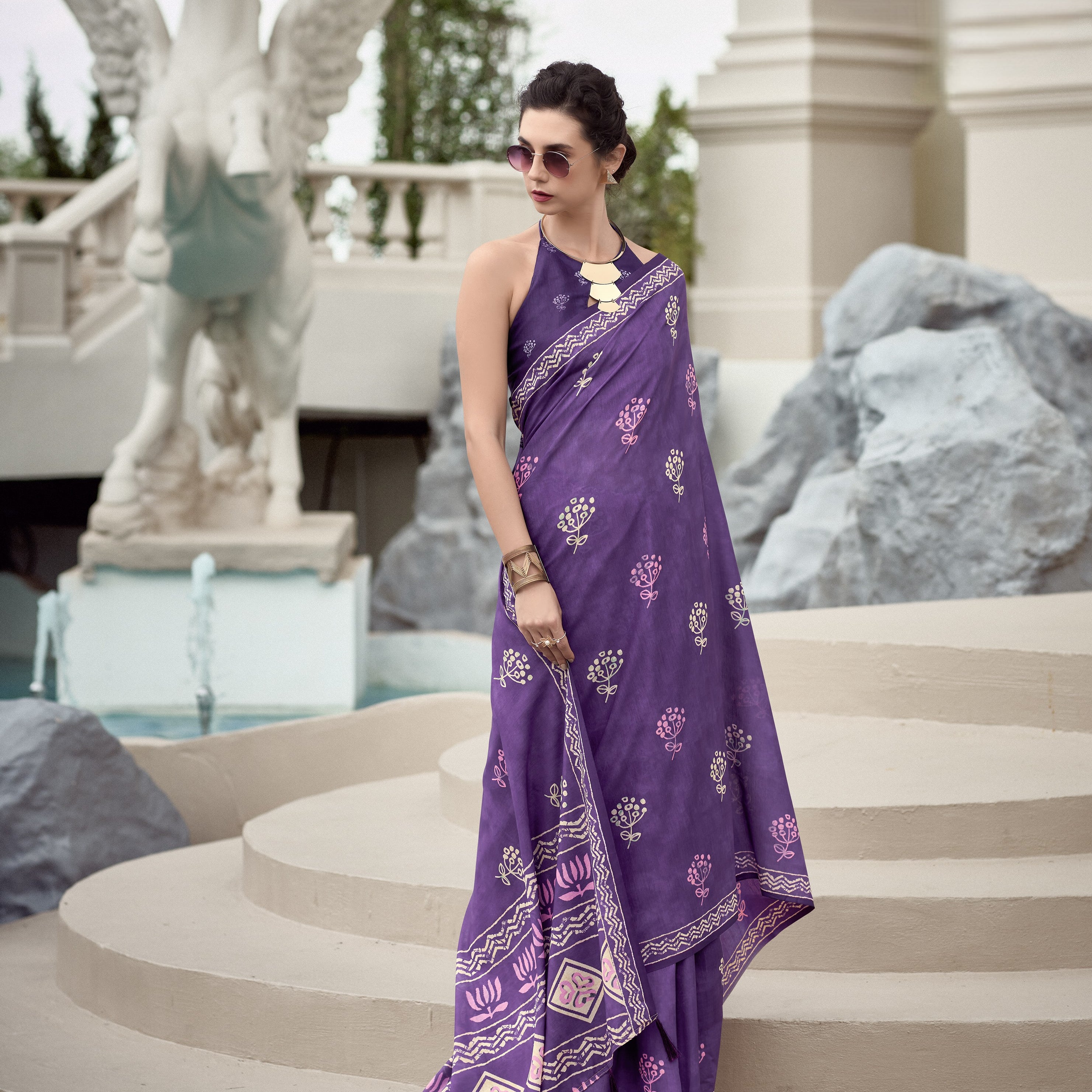 Multi Printed Satin Crepe Saree