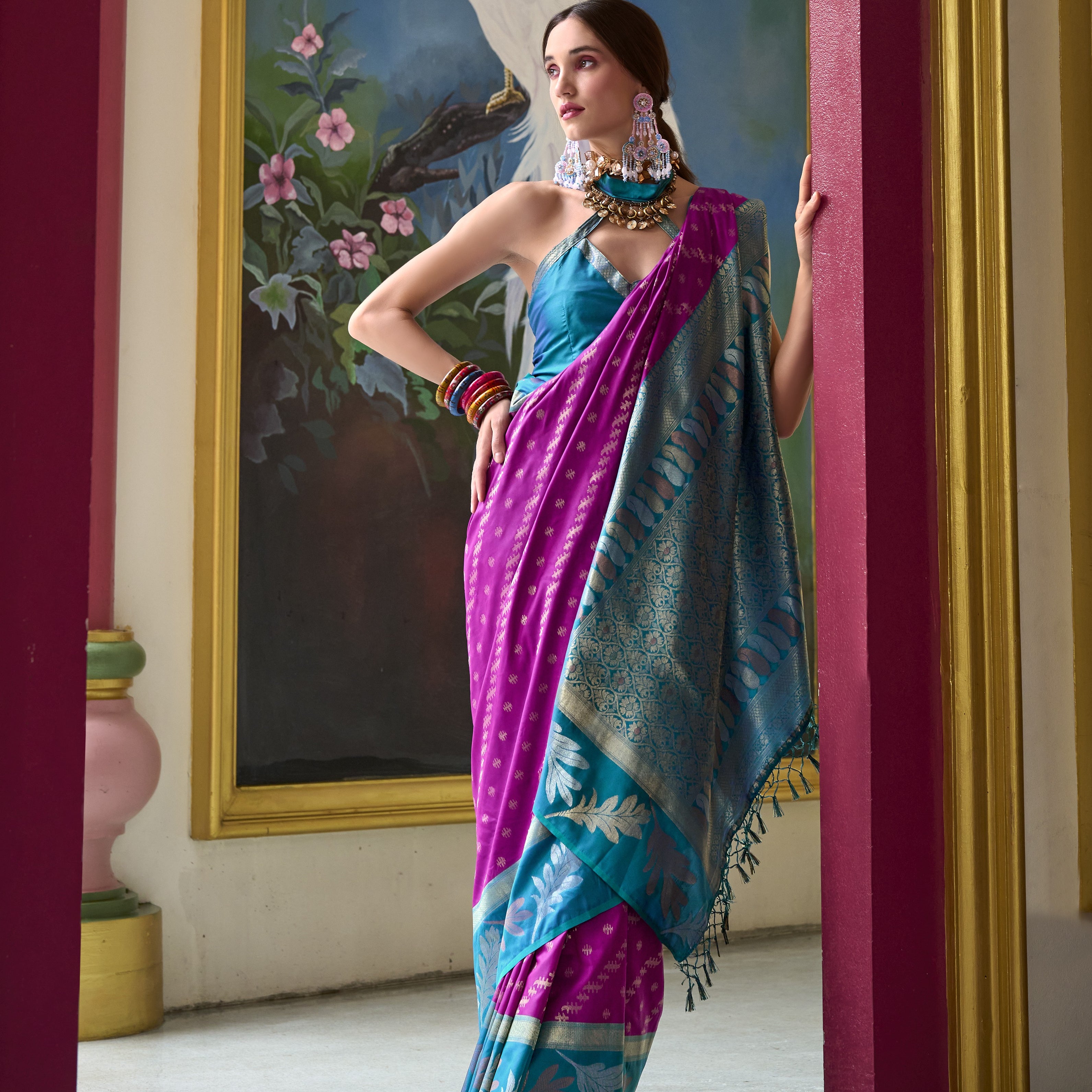 Banarasi Silk Saree With Leaf Motif Zari Border