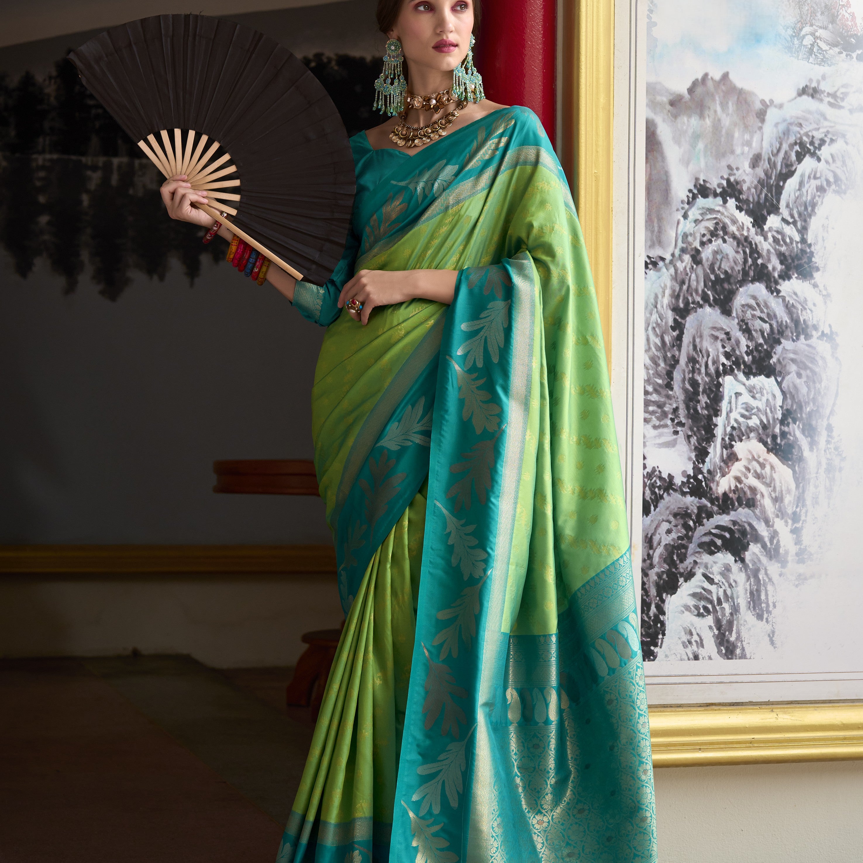 Banarasi Silk Saree With Leaf Motif Zari Border