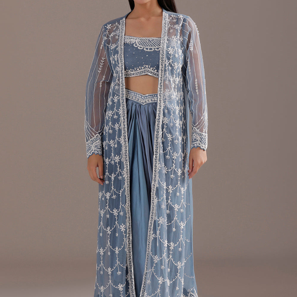 Grey Sharara Suit Paired With Cutdana, Pearls Work Choli