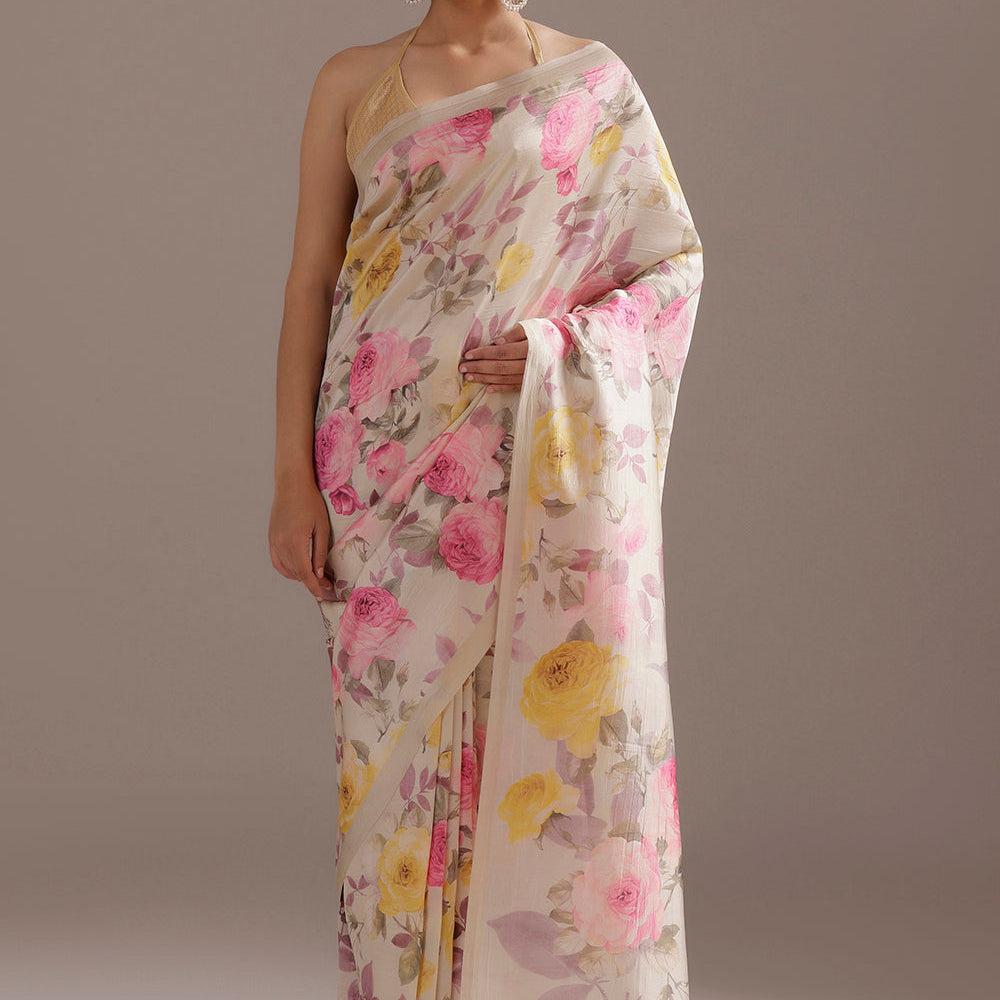 Floral Luxe: Silk Saree Embellished with Golden Blossoms
