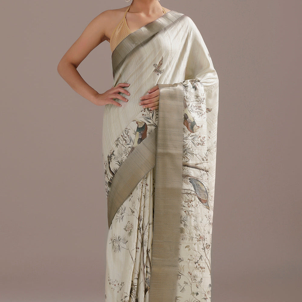 Printed Silk Saree with a Golden Zari Touch