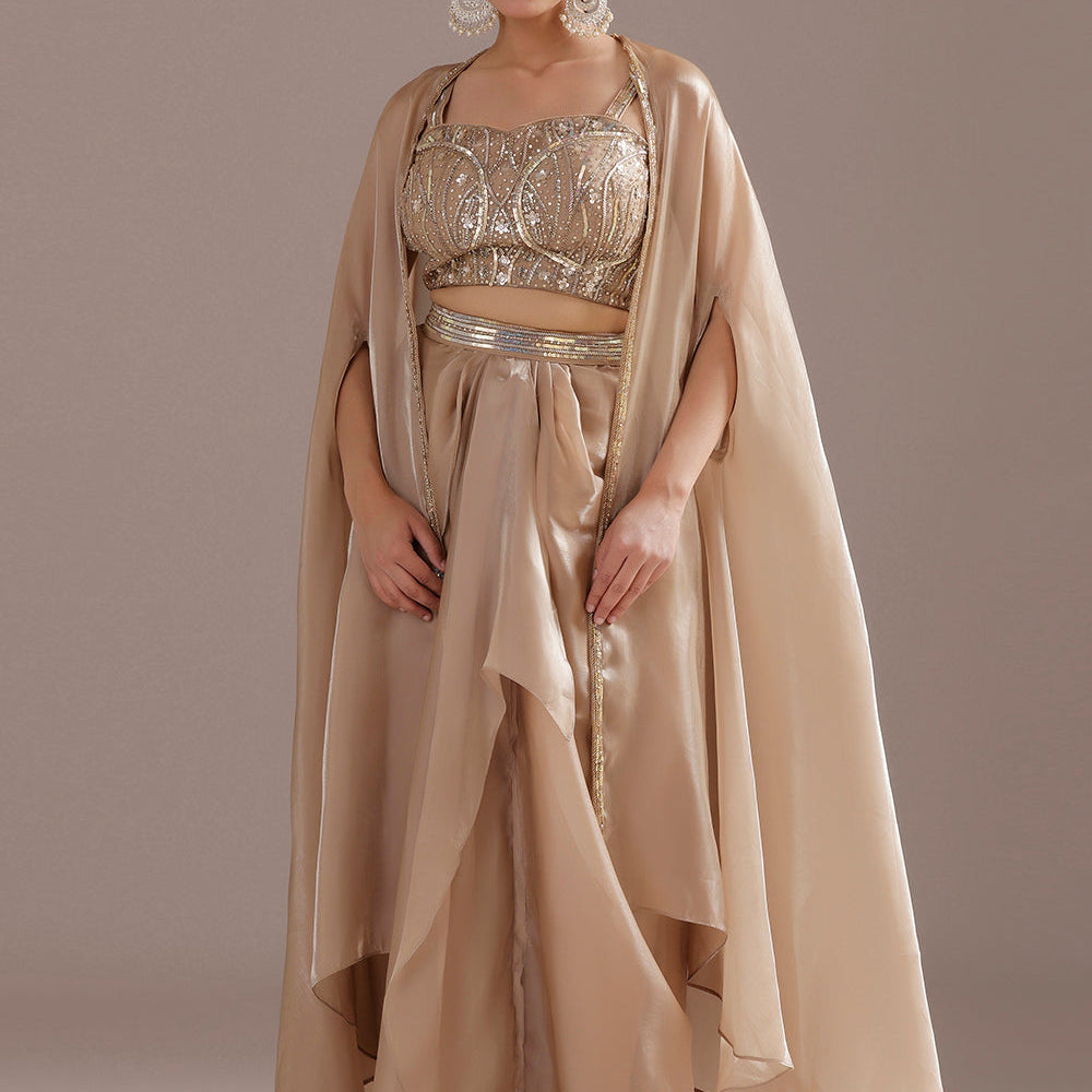 Champagne Sharara Suit Paired With Curtdana And Sequins Choli