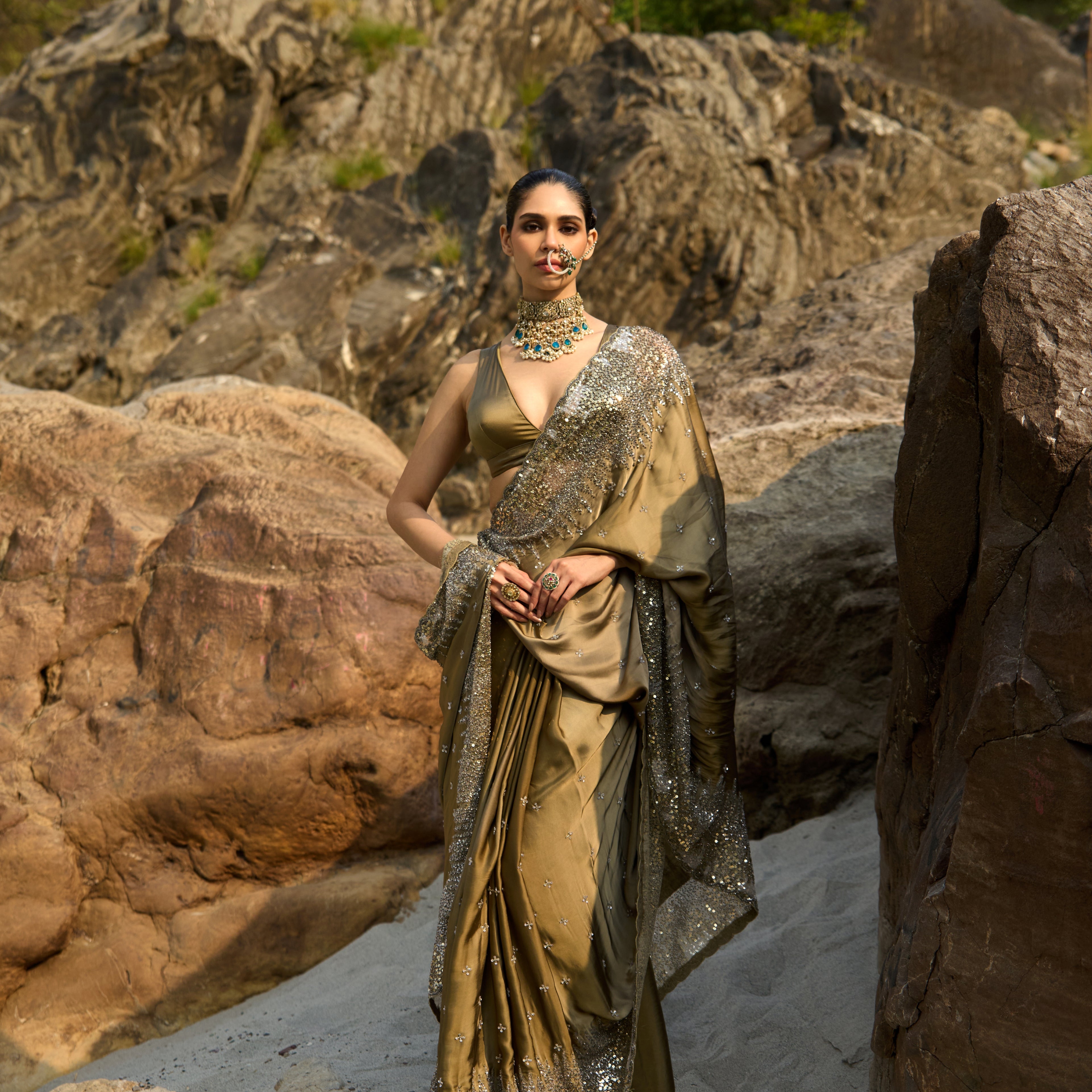 Burnished Olive Whisper Saree Set