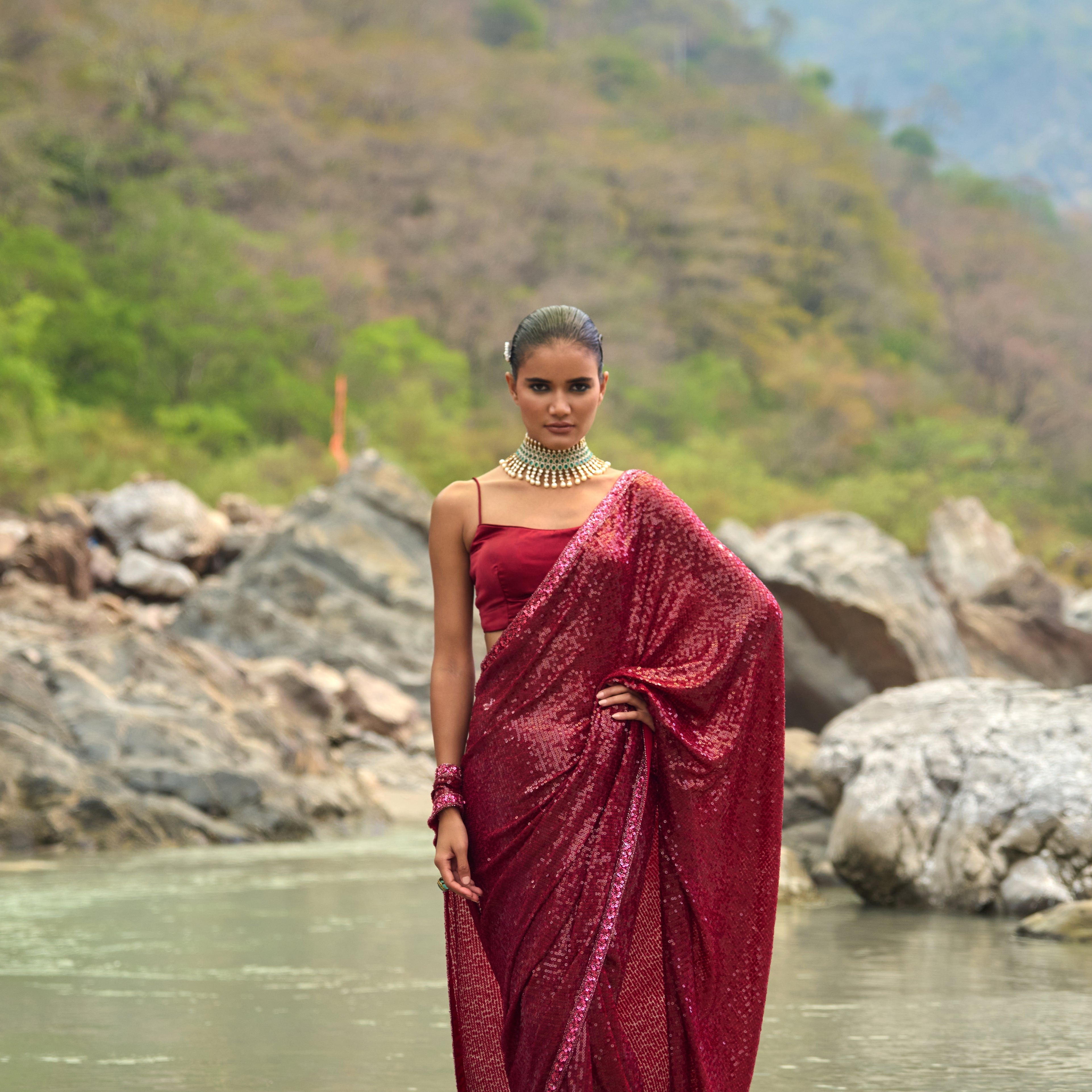 Crimson Shimmer Saree Set