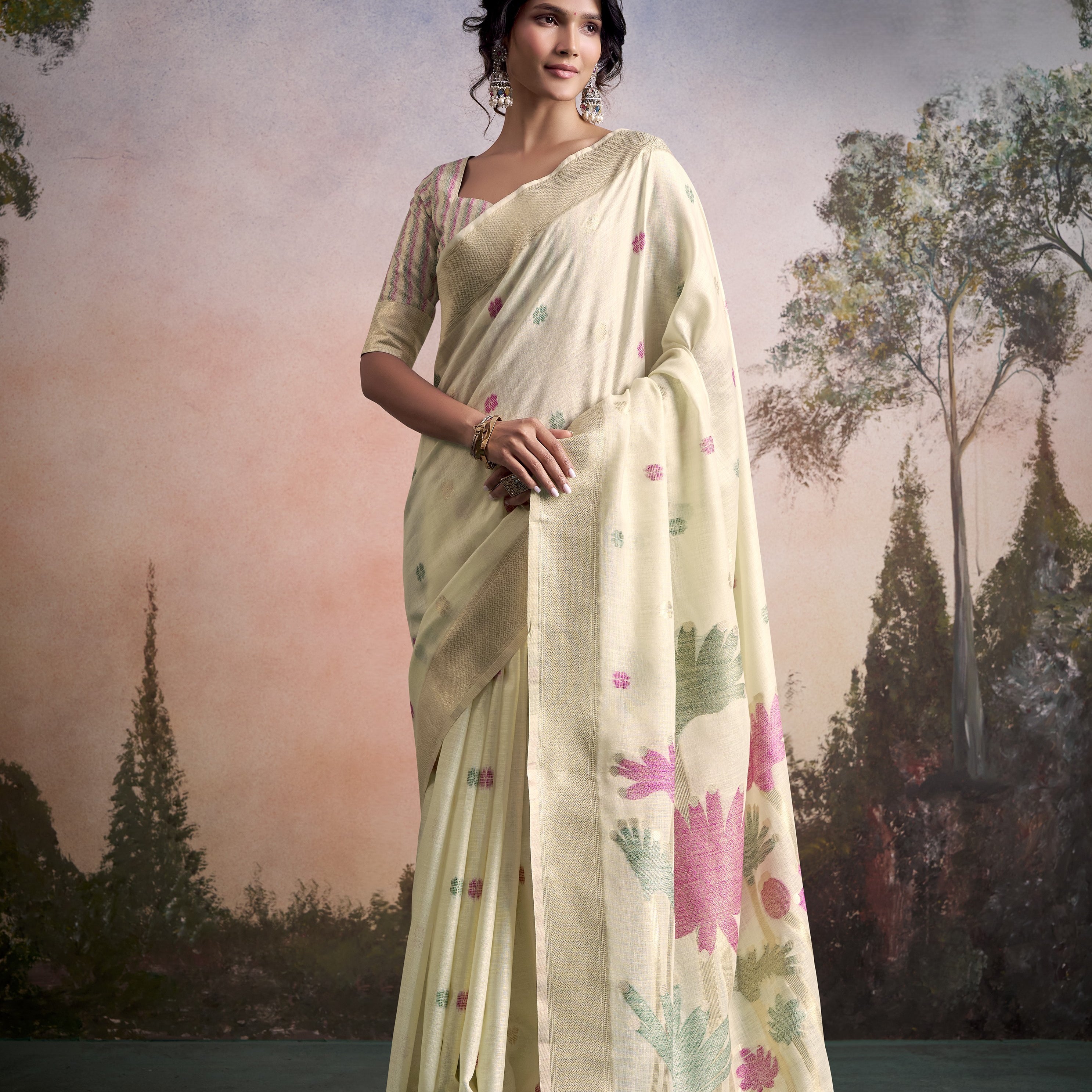 Modern Muse Minimalist Floral Linen Silk Saree