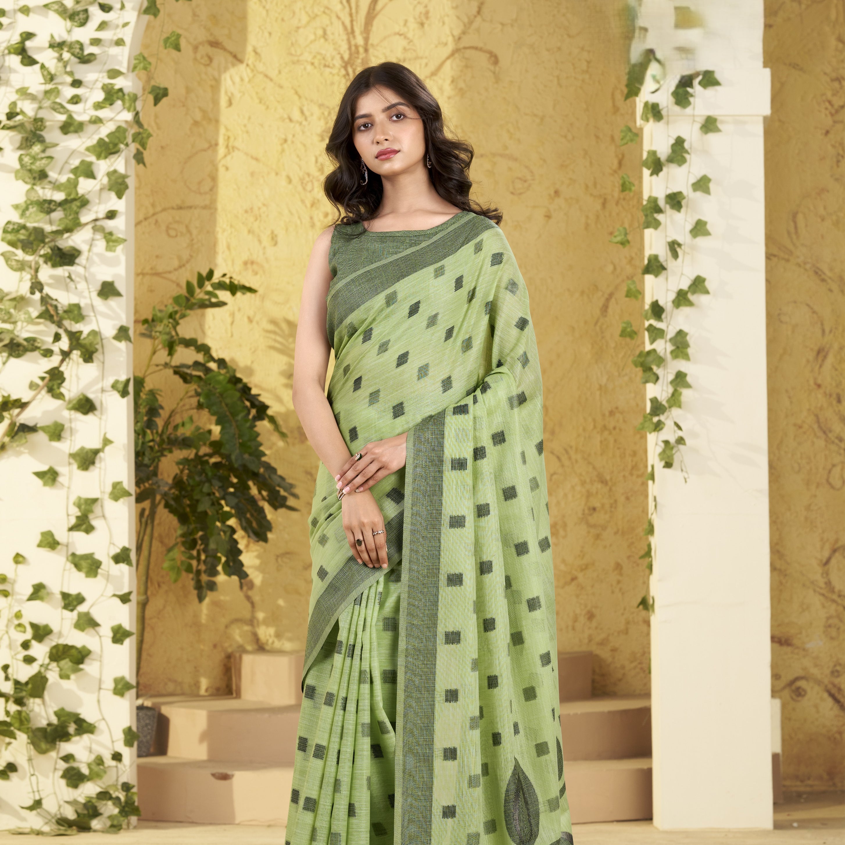 Cotton Saree with Grey Checks and Woven Border