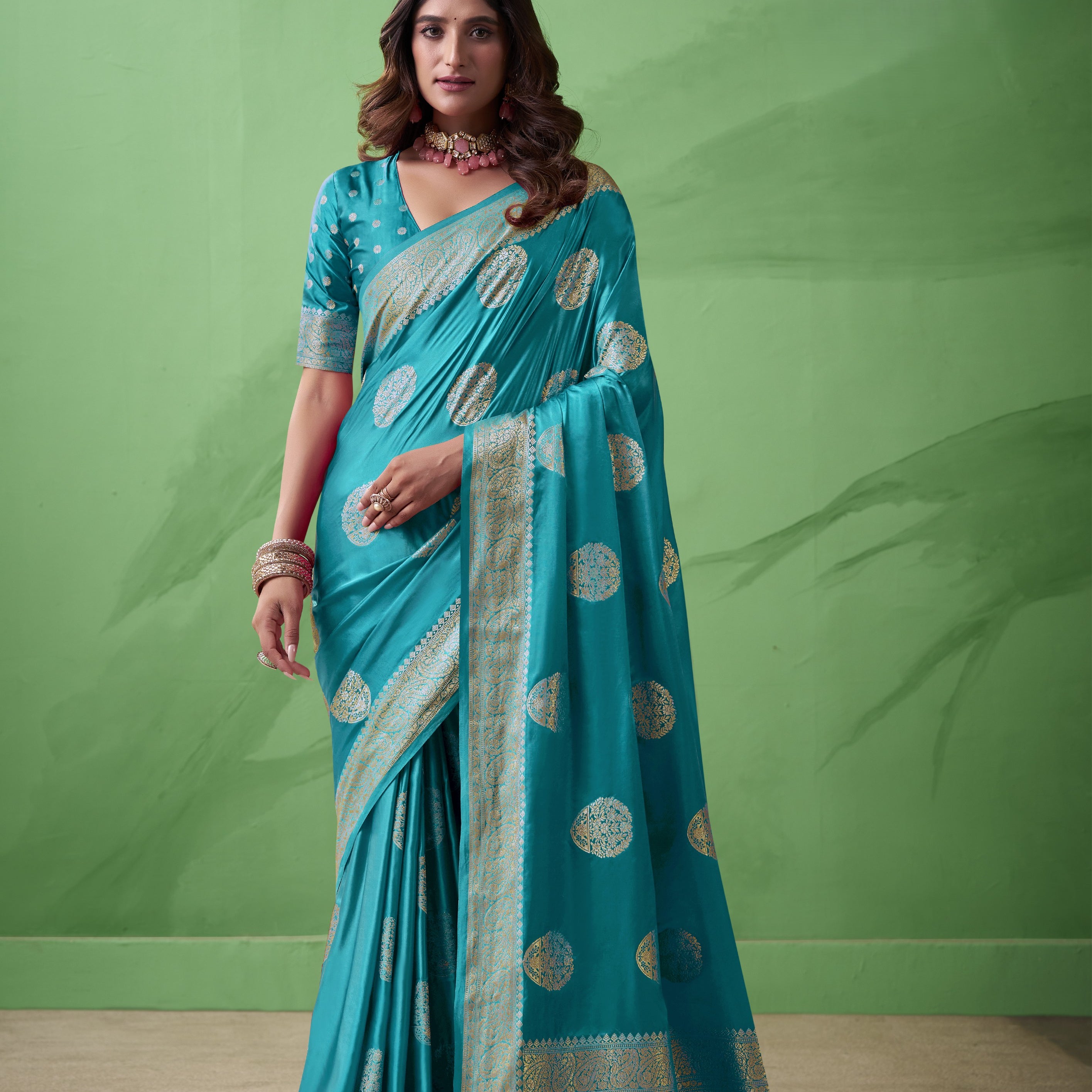 Royal Prussian Banarasi Silk Saree with Intricate Gold Zari Work