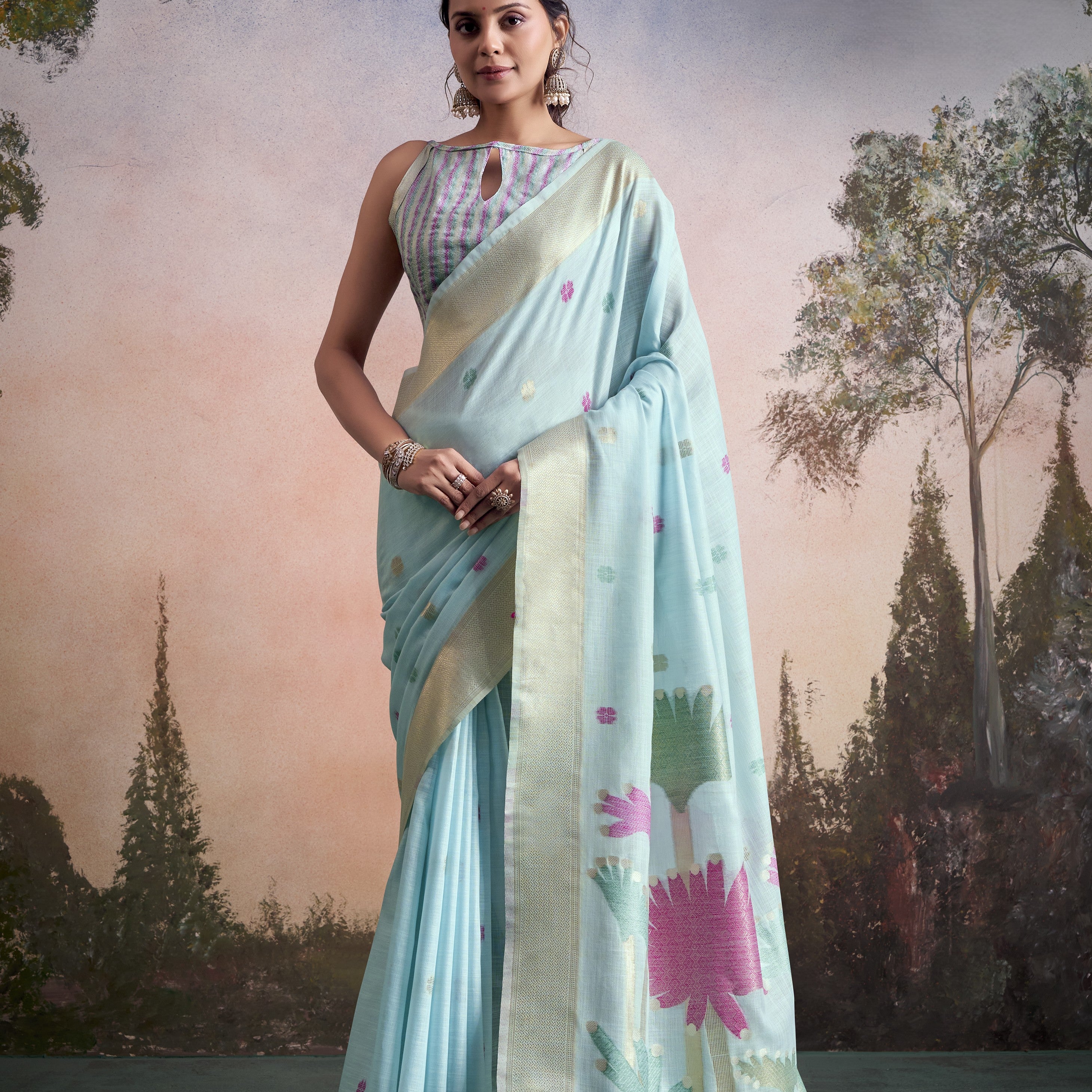 Modern Muse Minimalist Floral Linen Silk Saree