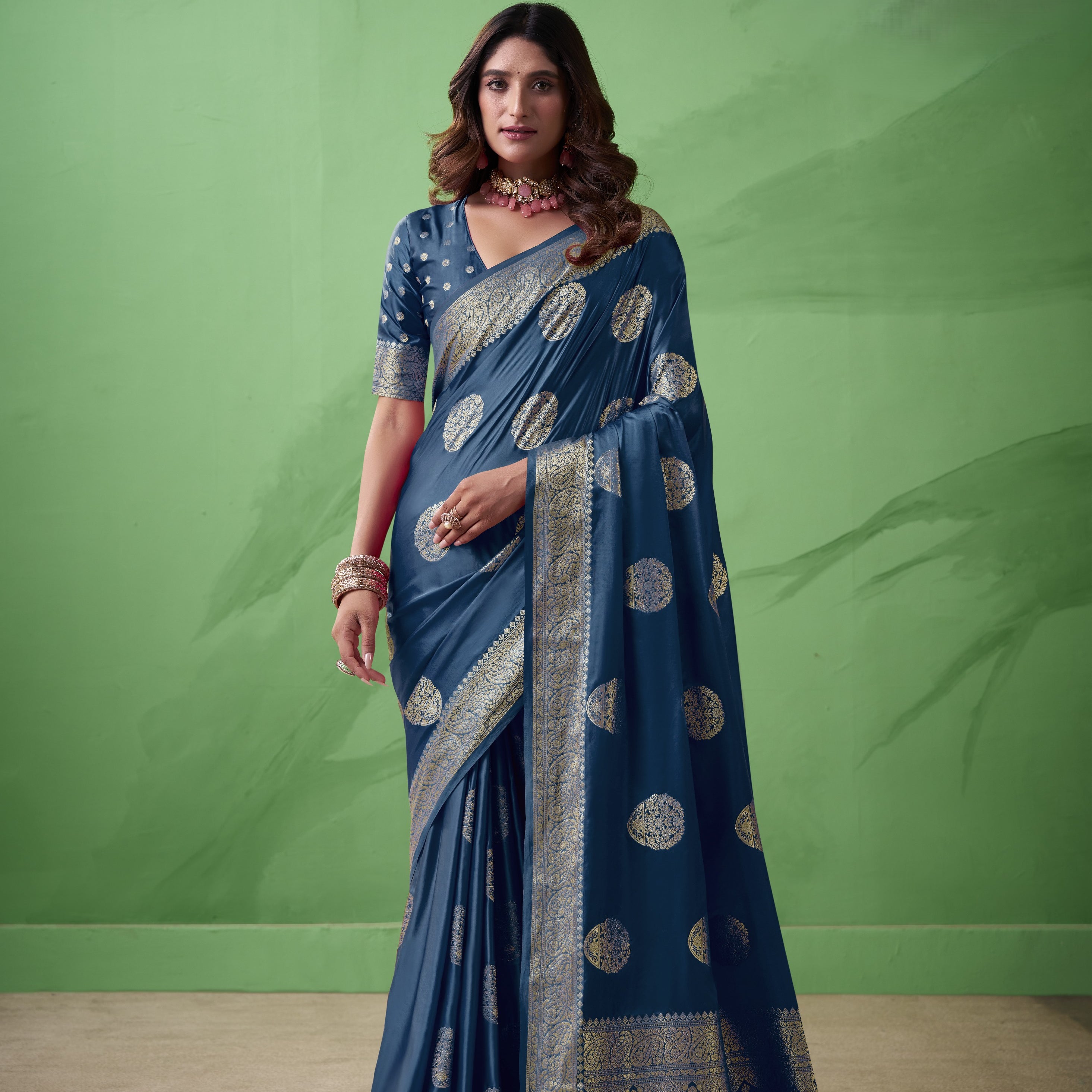 Royal Prussian Banarasi Silk Saree with Intricate Gold Zari Work