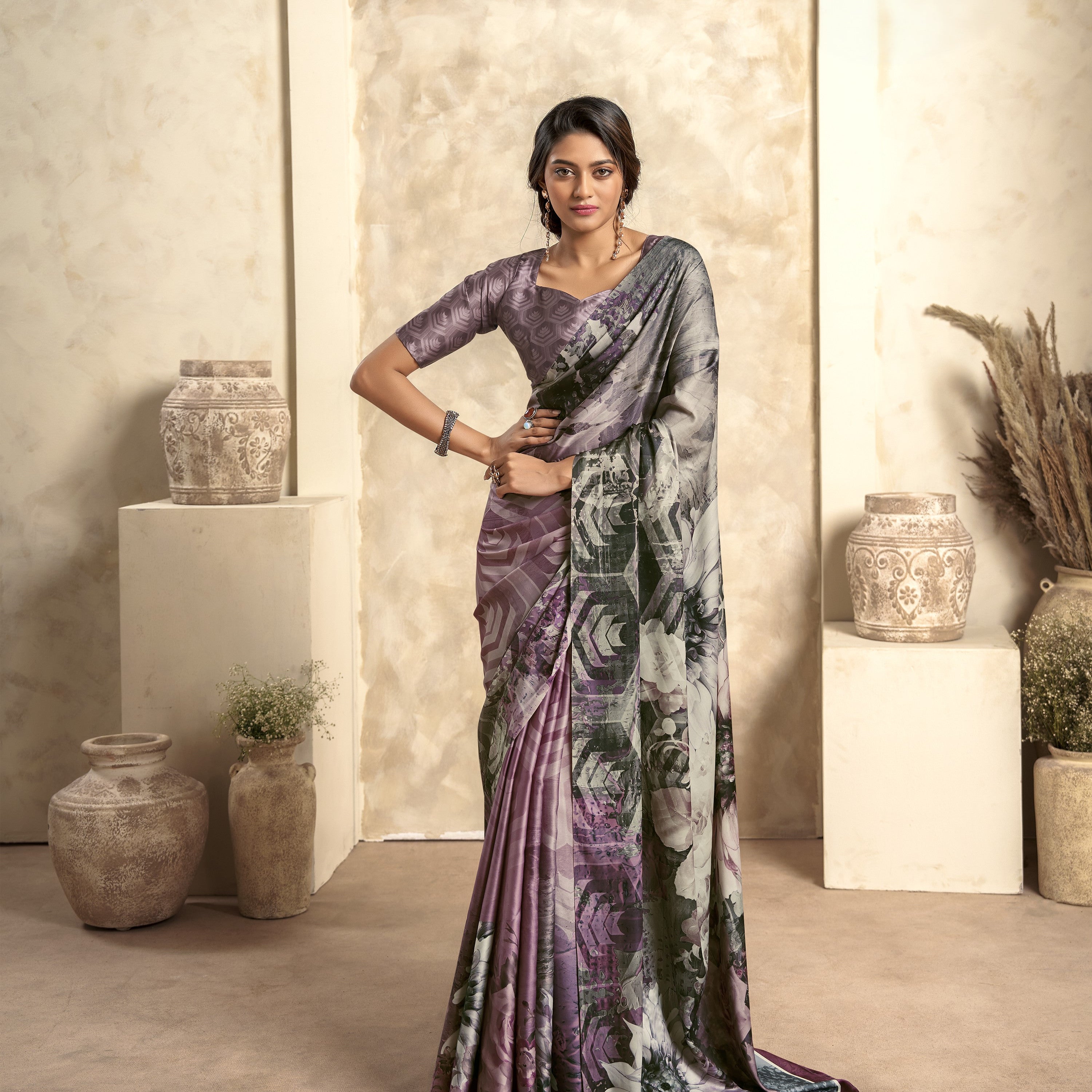 Multi Printed Satin Crepe Saree