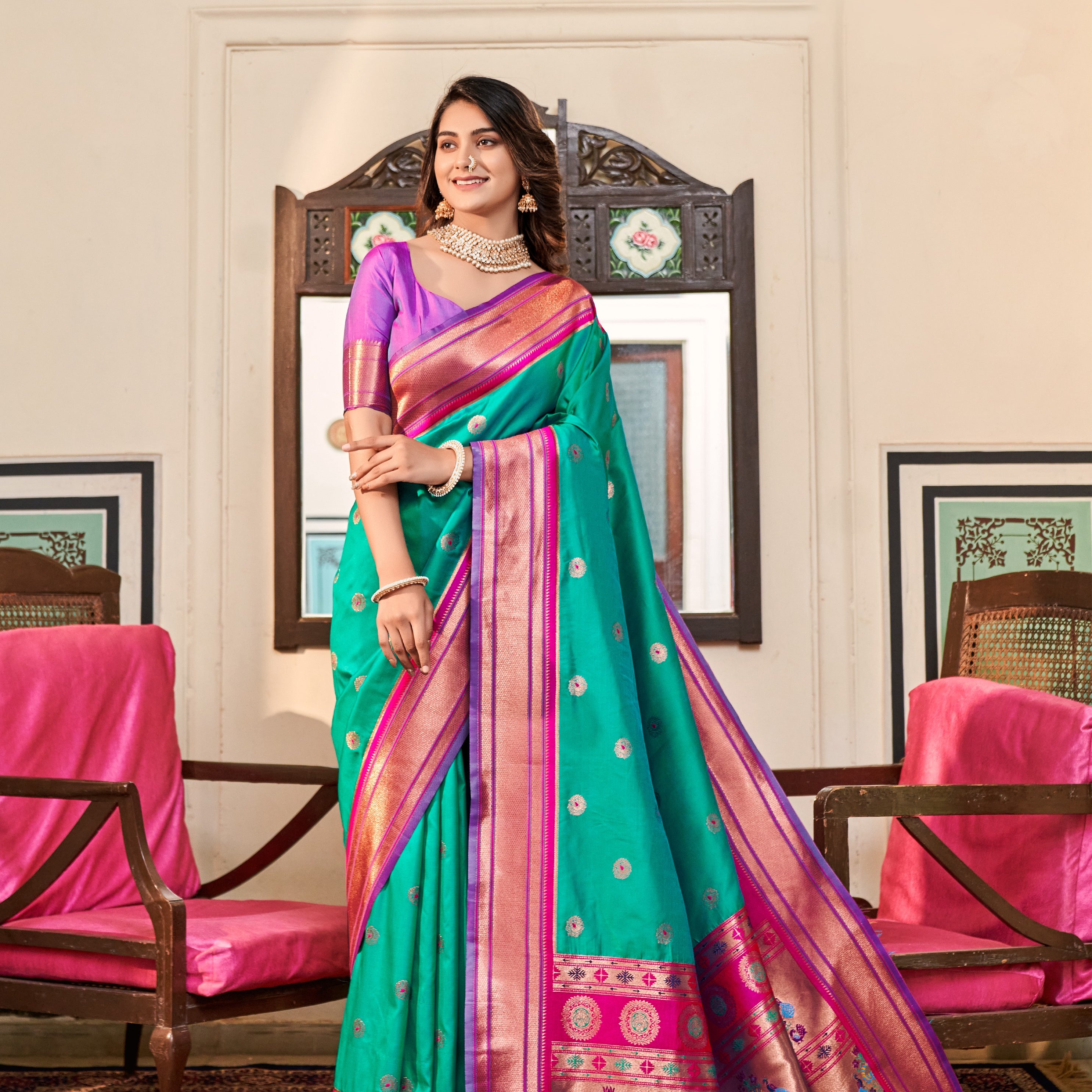 Regal Radiance Silk Paithani Saree with Copper Zari Border