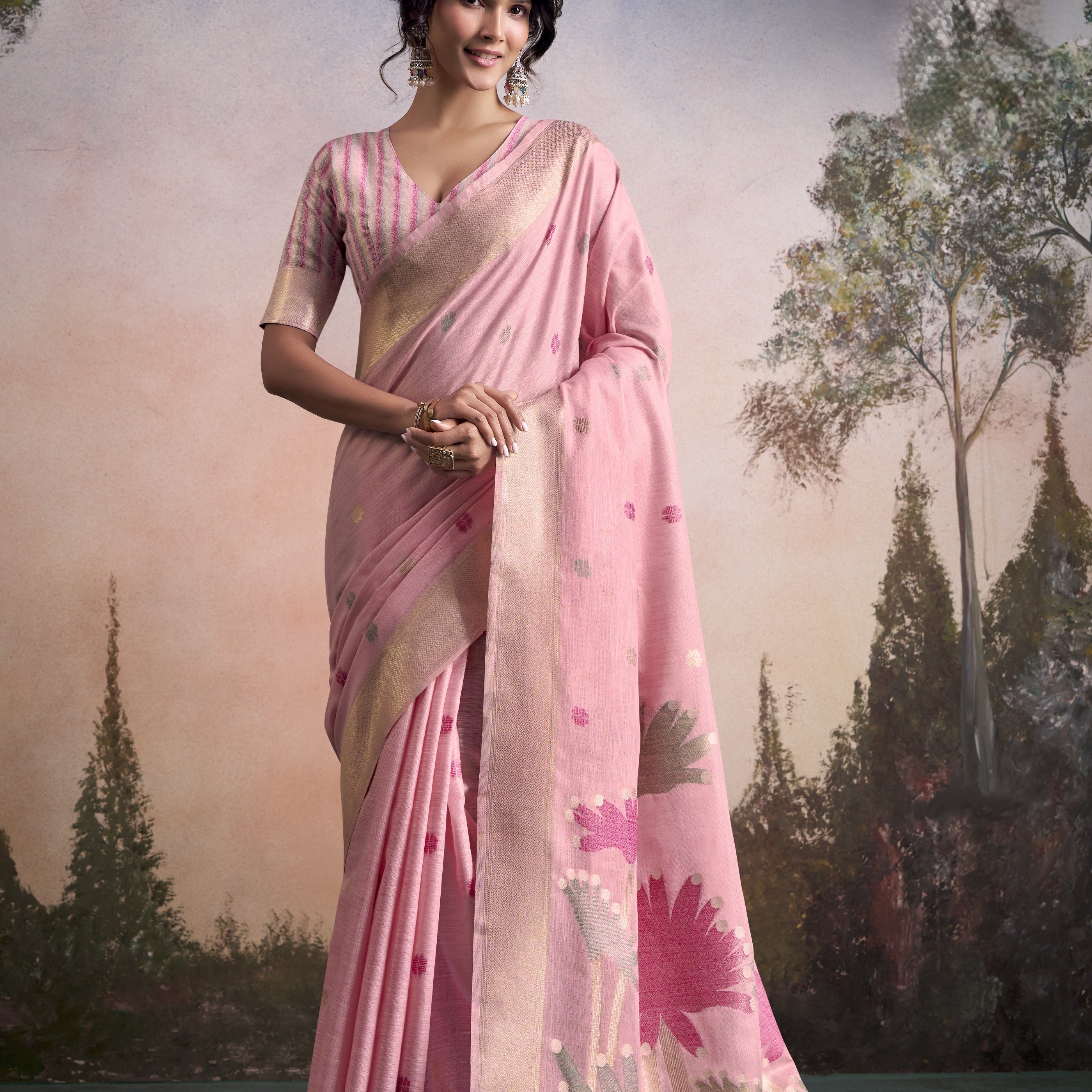 Modern Muse Minimalist Floral Linen Silk Saree