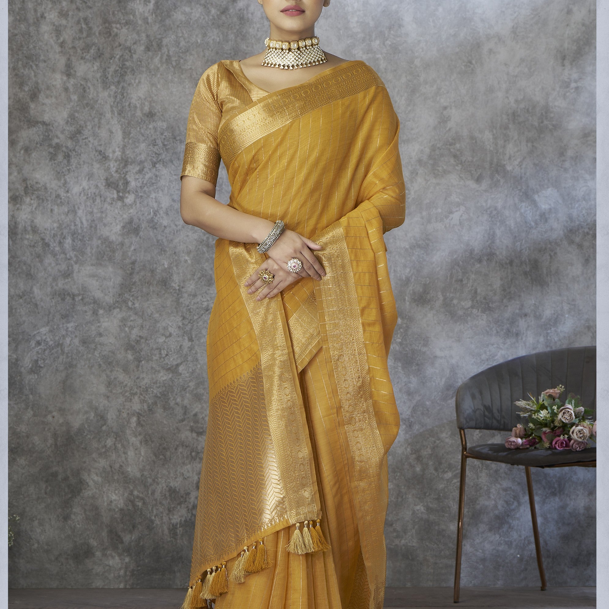 Silk Blend Saree with Gold Zari Border