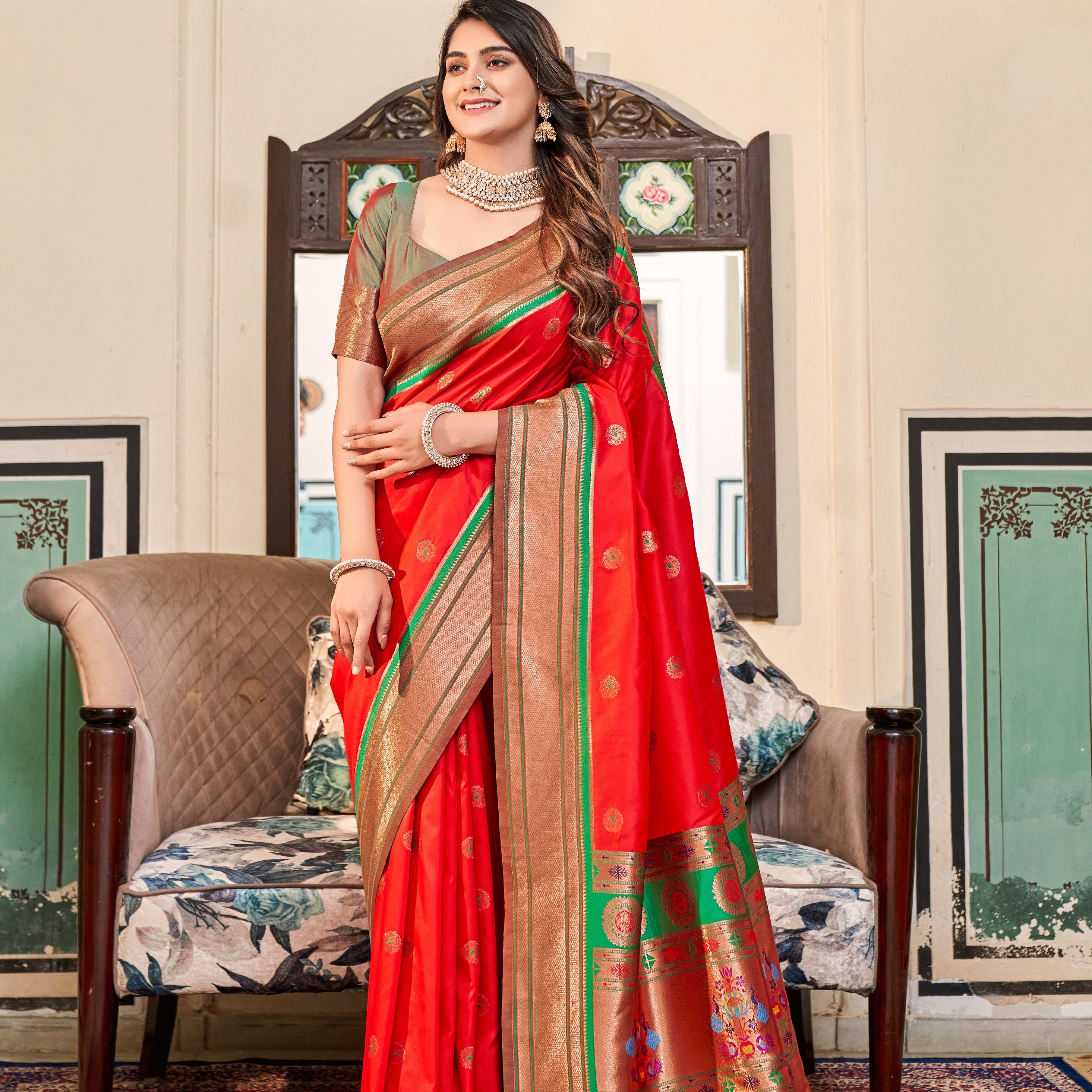 Regal Radiance Silk Paithani Saree with Copper Zari Border