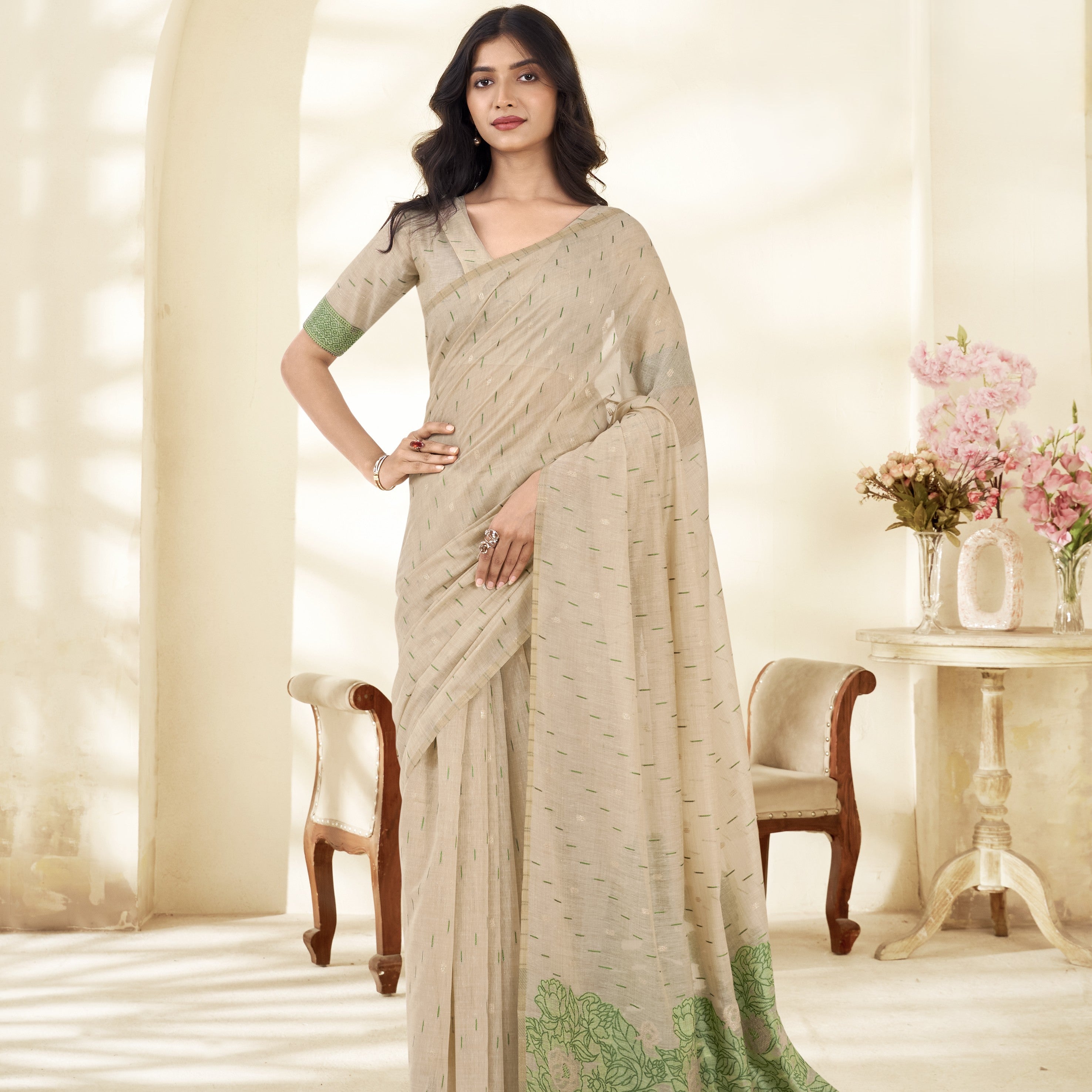 Cotton Saree with Florals Woven Border