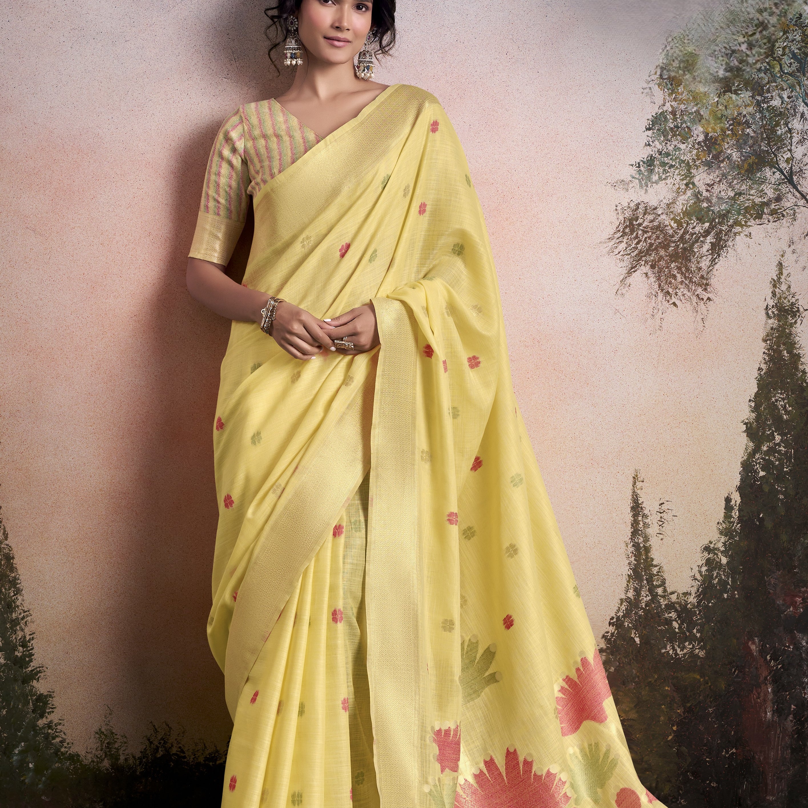 Modern Muse Minimalist Floral Linen Silk Saree