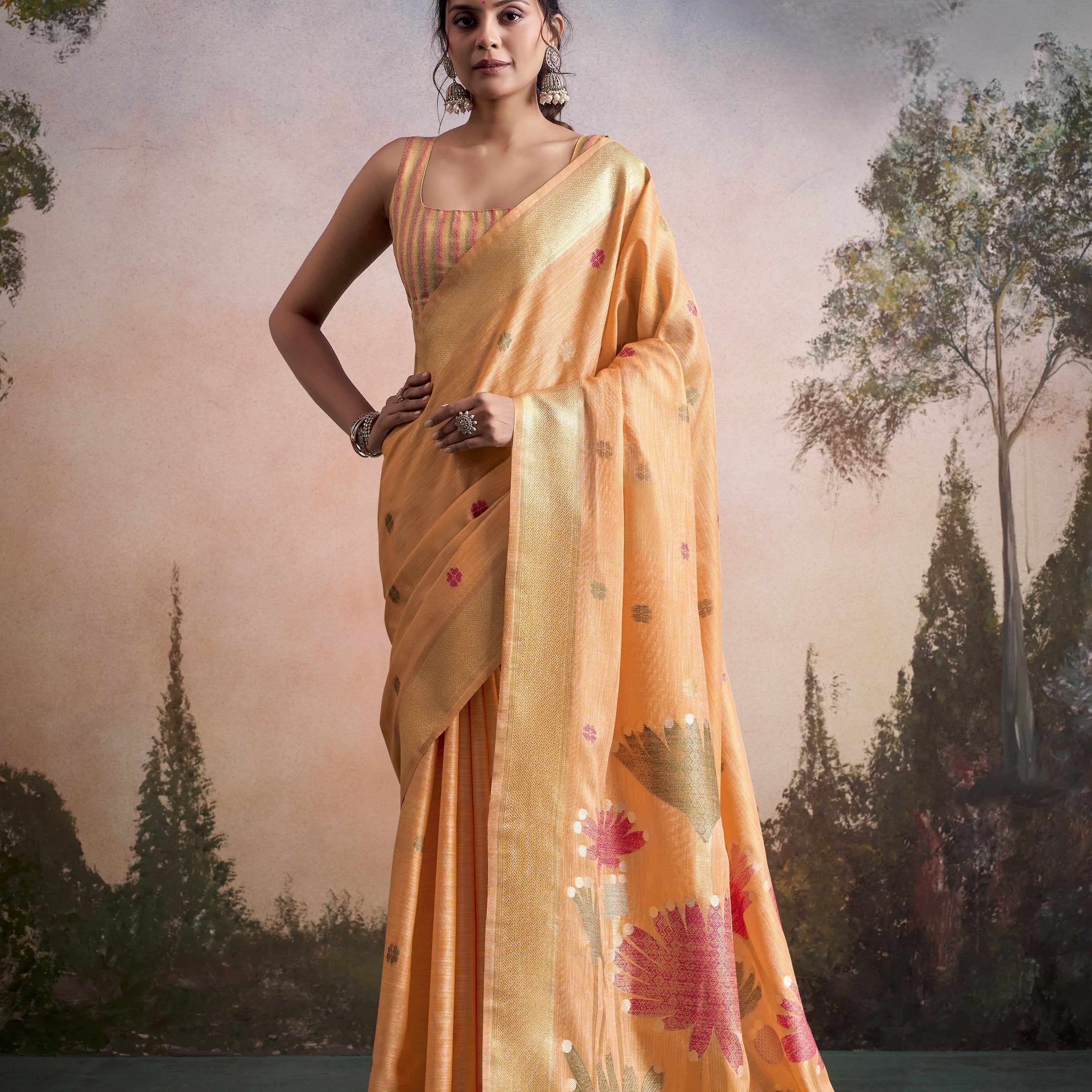 Modern Muse Minimalist Floral Linen Silk Saree