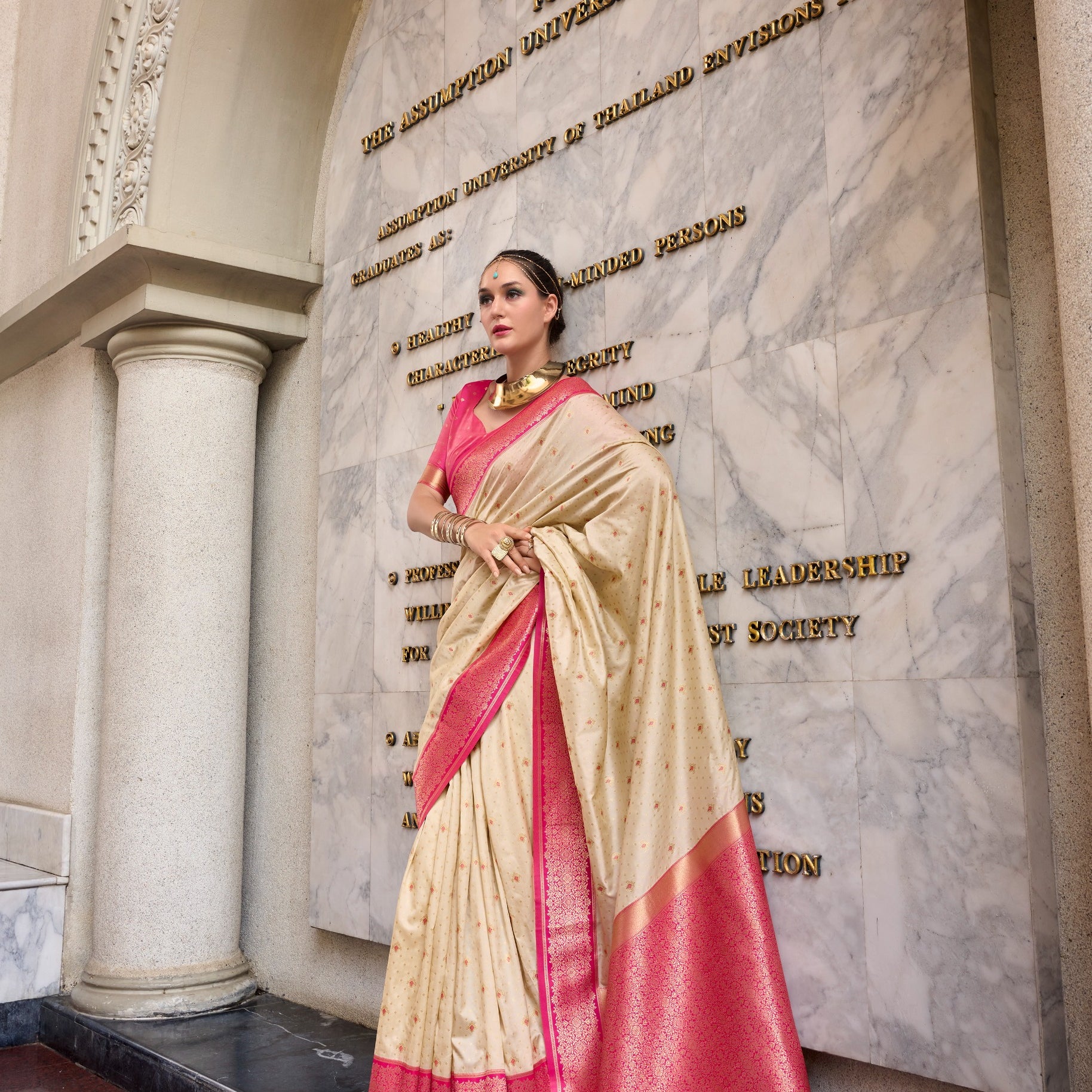 Dual-Tone Banarasi Saree with Antique Gold Zari Work