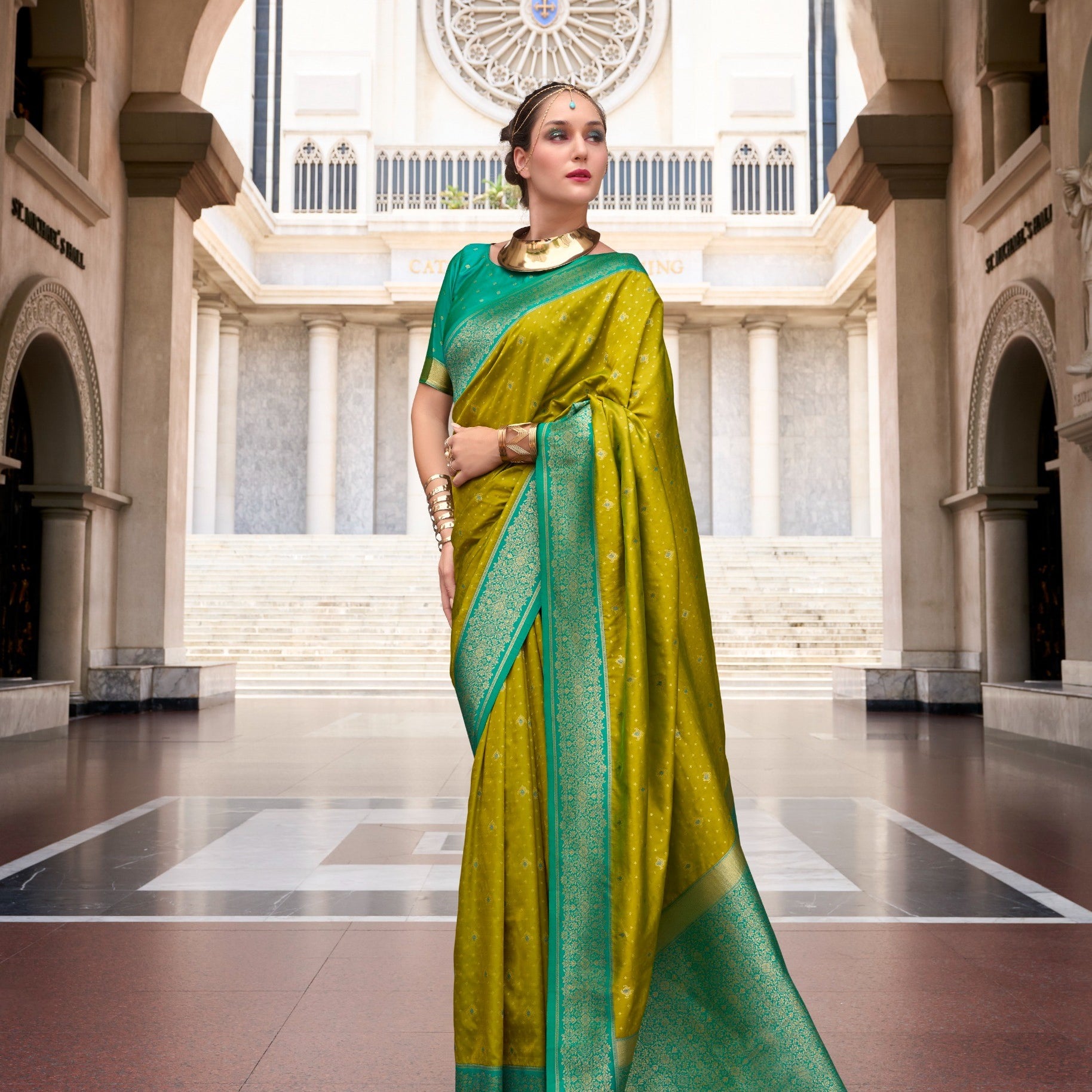 Dual-Tone Banarasi Saree with Antique Gold Zari Work