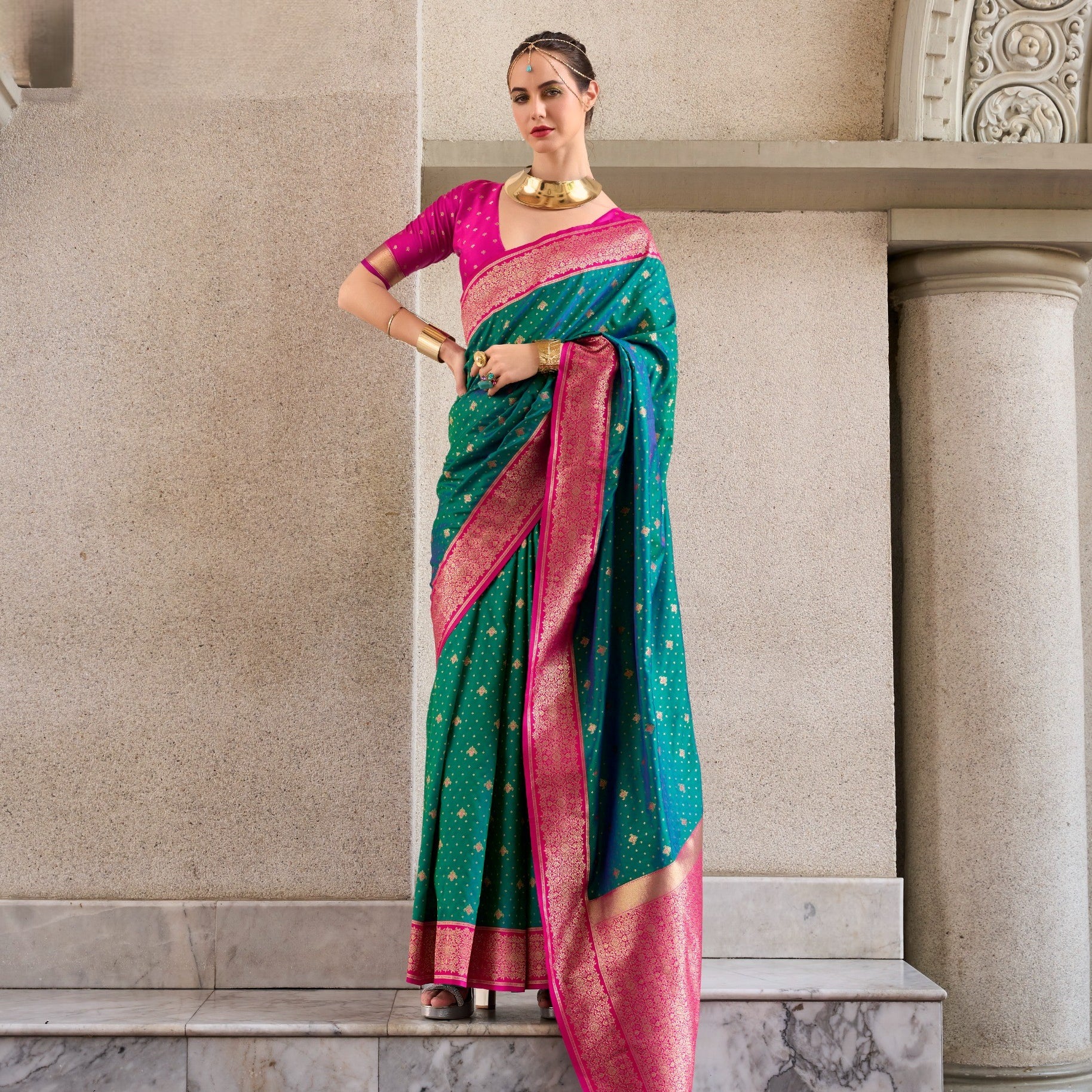 Dual-Tone Banarasi Saree with Antique Gold Zari Work