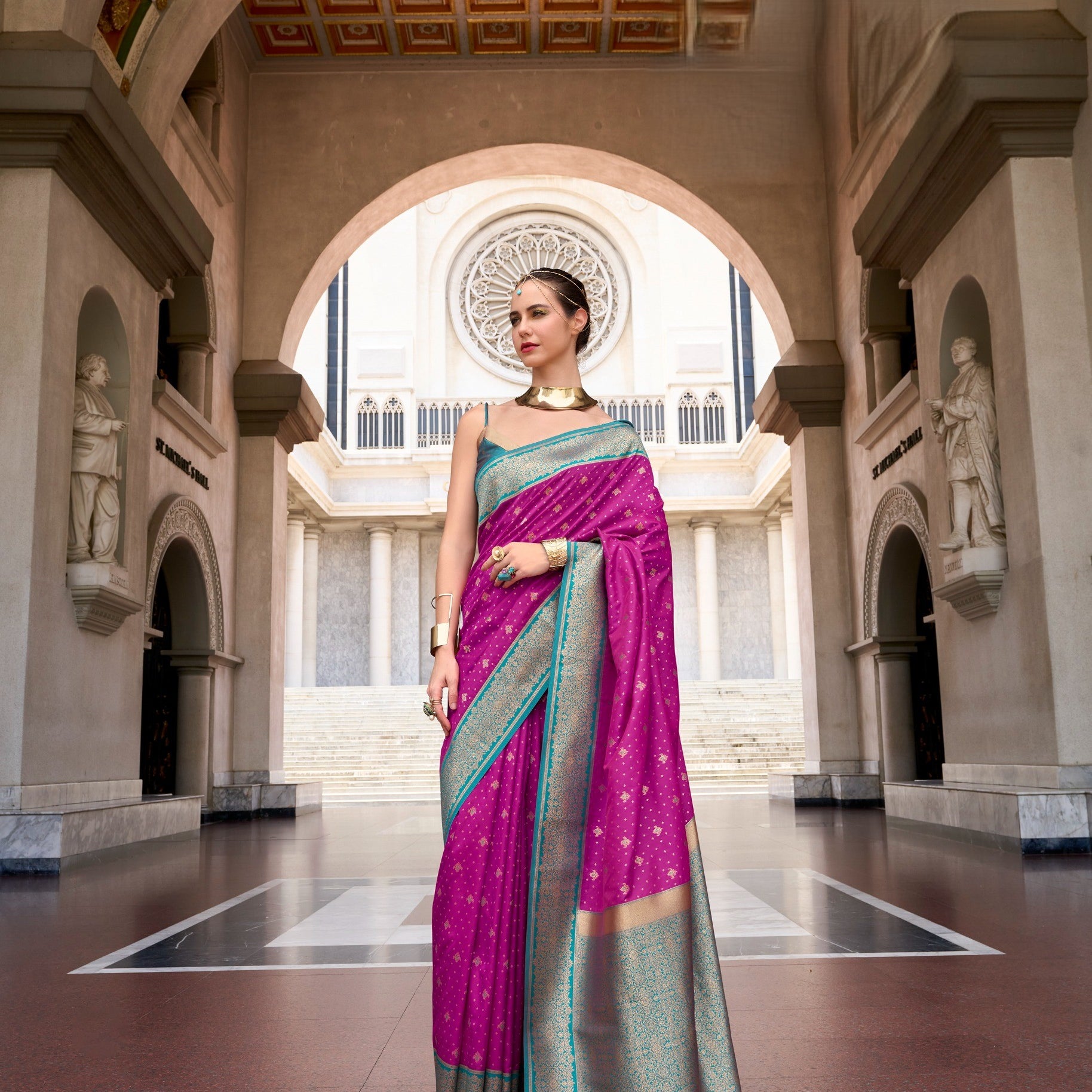 Dual-Tone Banarasi Saree with Antique Gold Zari Work