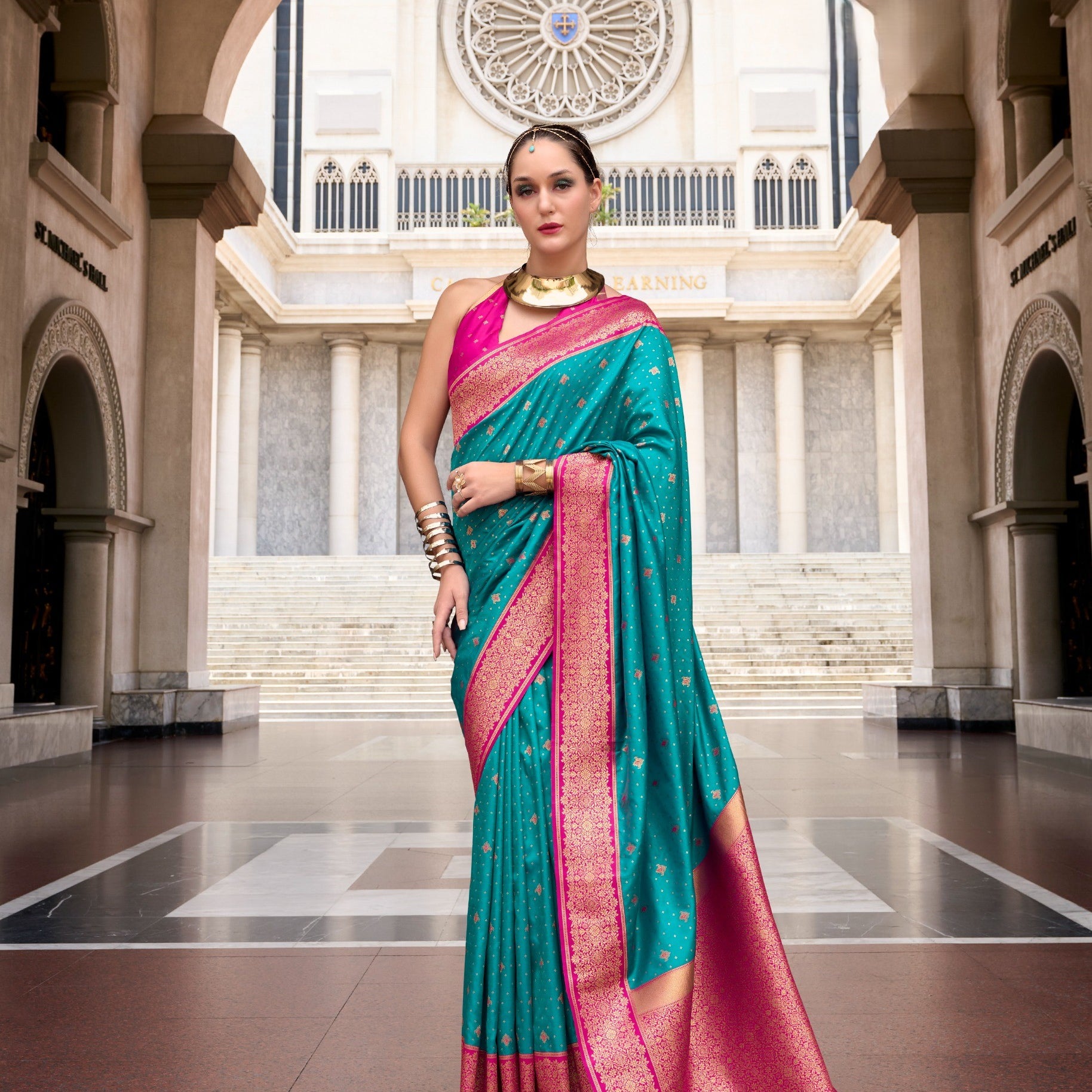 Dual-Tone Banarasi Saree with Antique Gold Zari Work