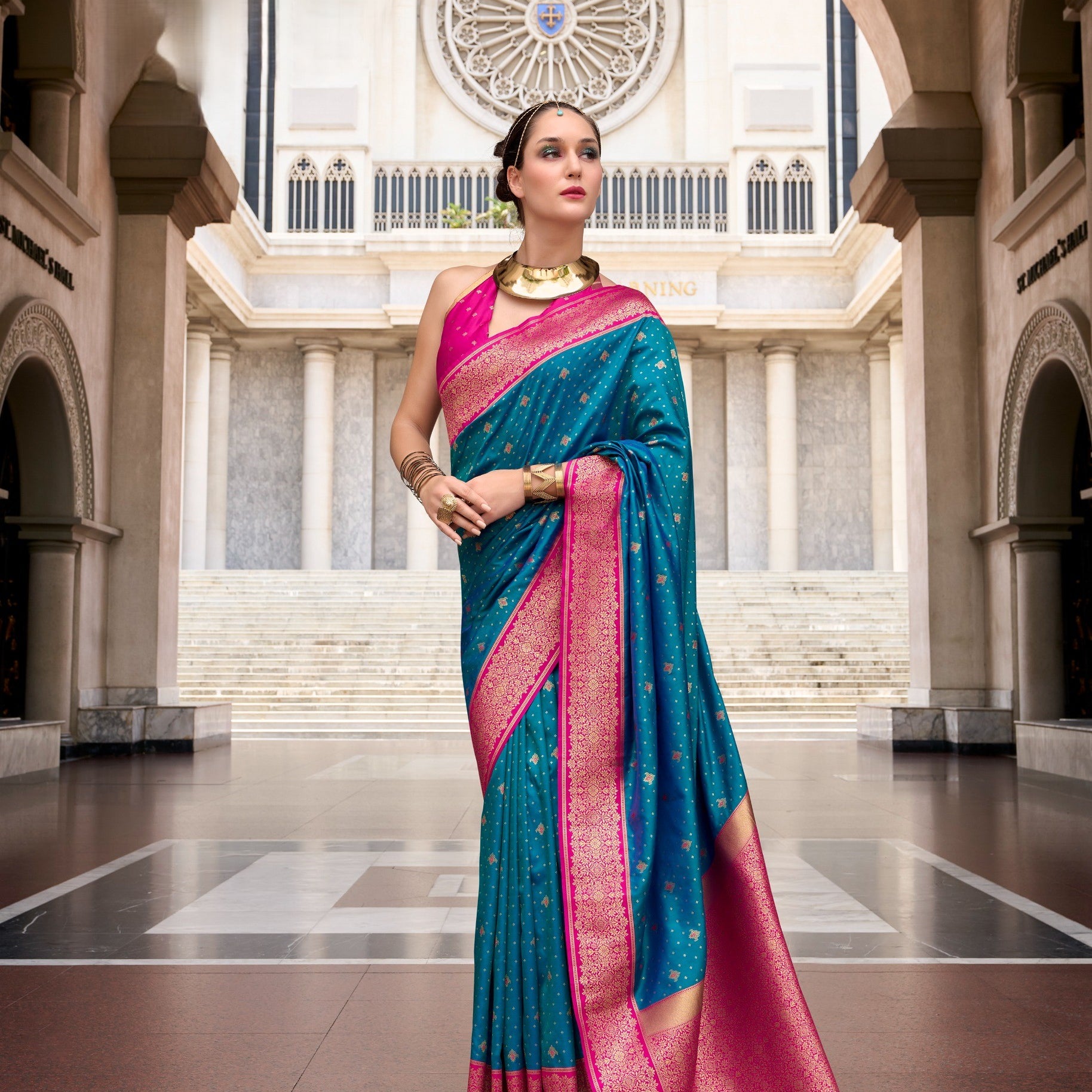 Dual-Tone Banarasi Saree with Antique Gold Zari Work