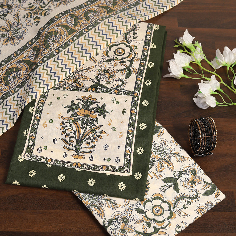 "Printed Perfection: Cotton Unstitched Suit with Stylish Neck Patch"