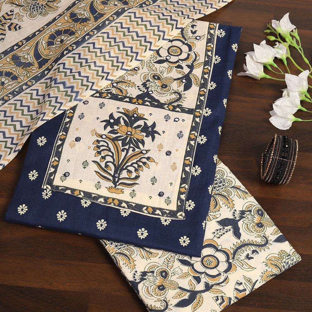 "Printed Perfection: Cotton Unstitched Suit with Stylish Neck Patch"