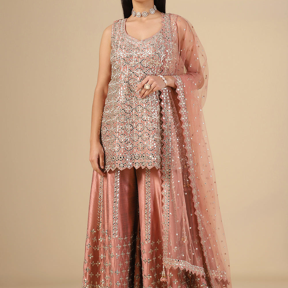 Peach Serenity Raw Silk Sharara Suit