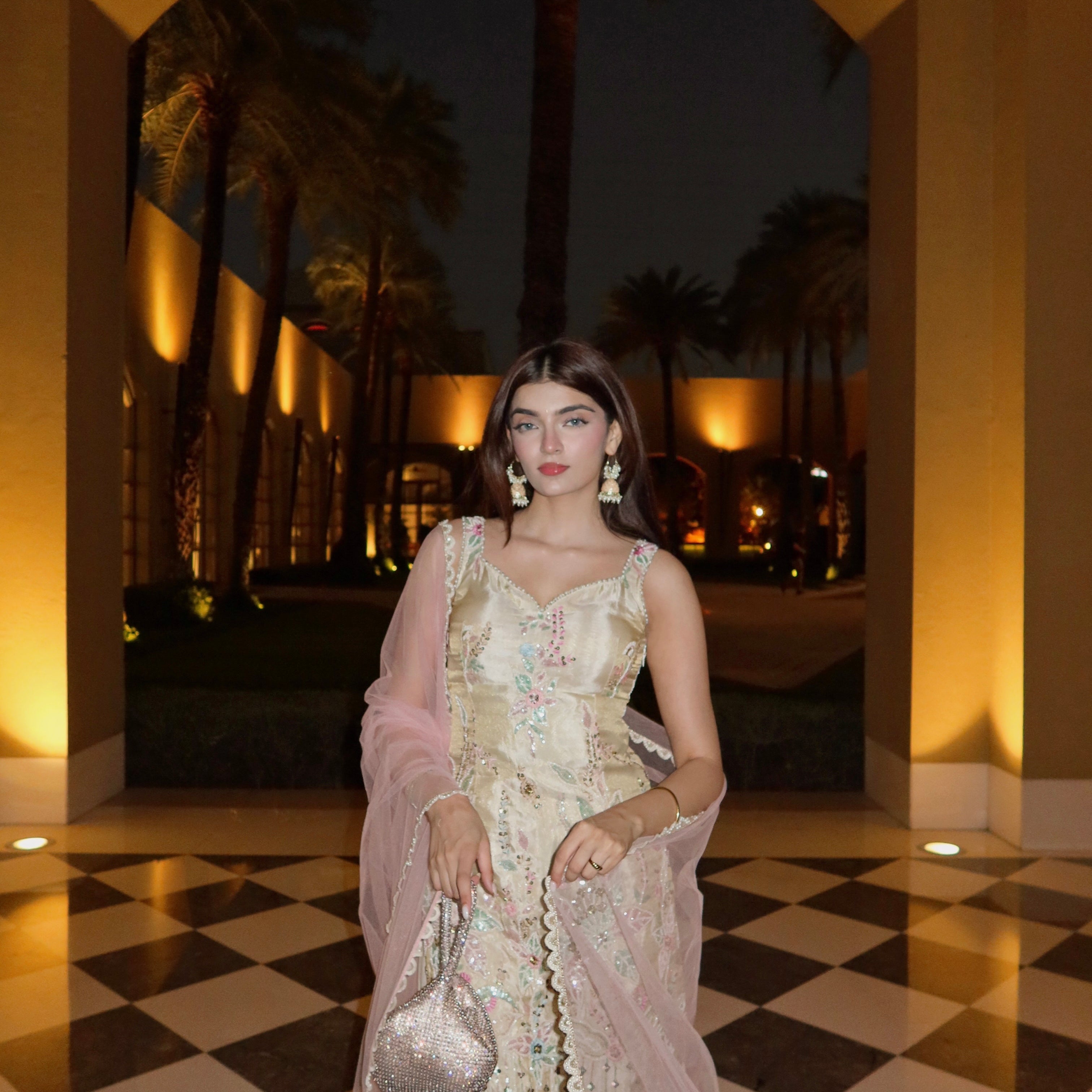 Cream Sequins Organza Sharara Suit