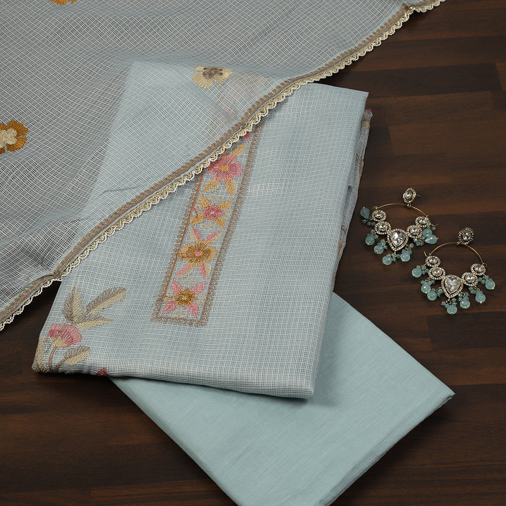 Lightweight Supernet Unstitched Suit with Floral Embroidery