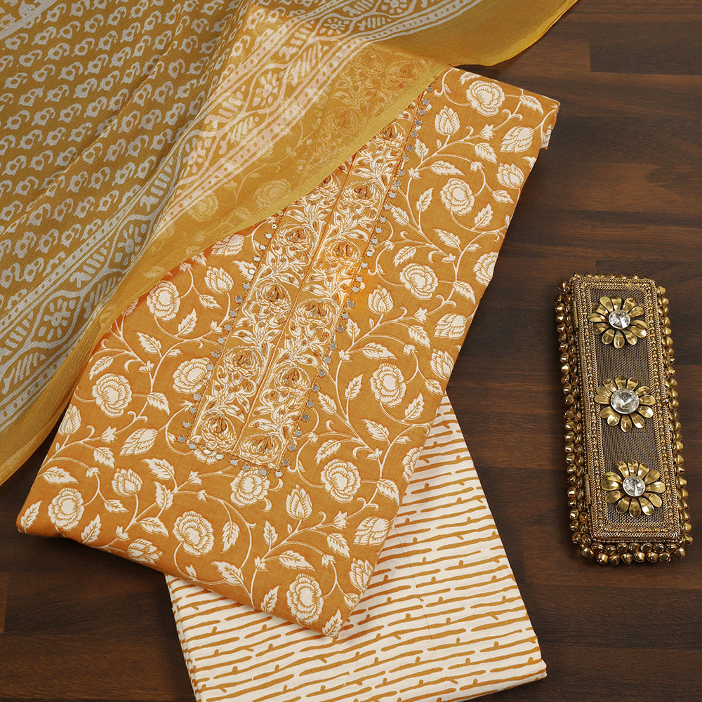 Printed Cotton Unstitched Suit with Neck Patch
