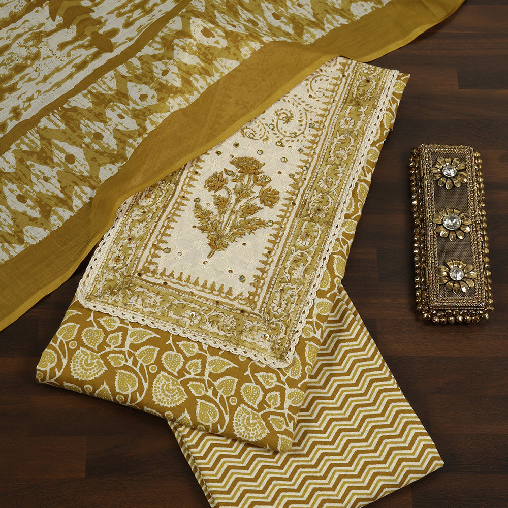 Cotton Unstitched Suit with Stylish Neck Patch