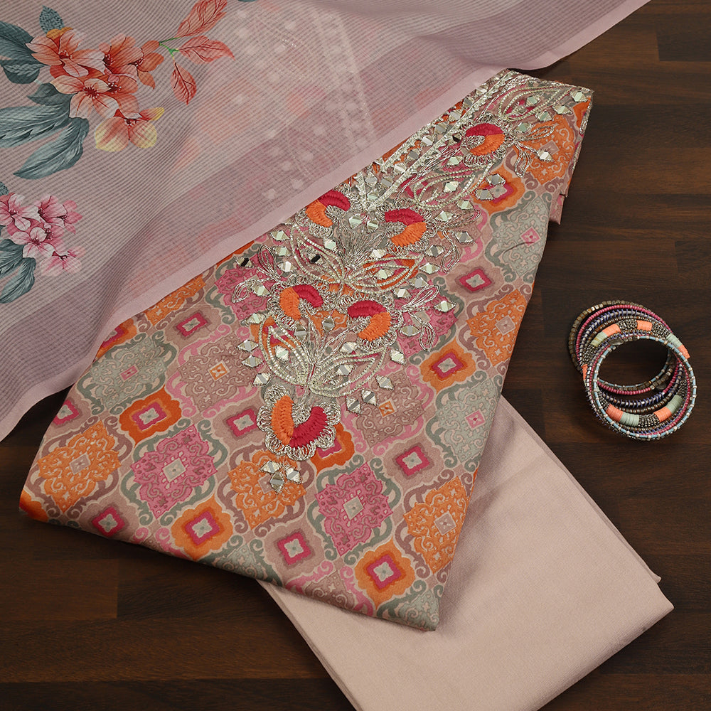 Cotton Unstitched Suit With Mirror Zari Work
