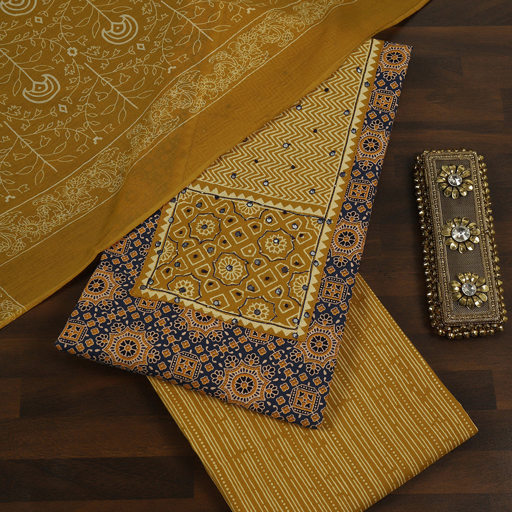 Cotton Fabric Unstitched Suit With Ajrakh Print