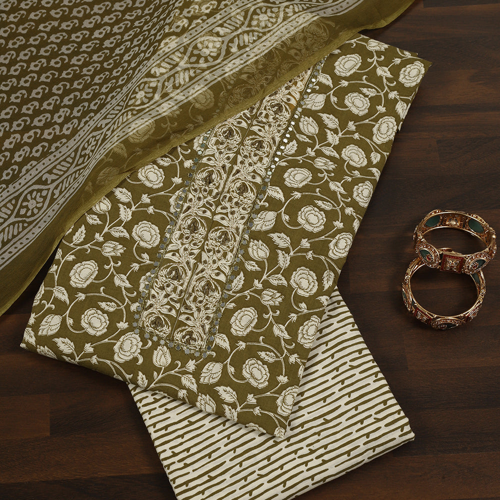 Printed Cotton Unstitched Suit with Neck Patch