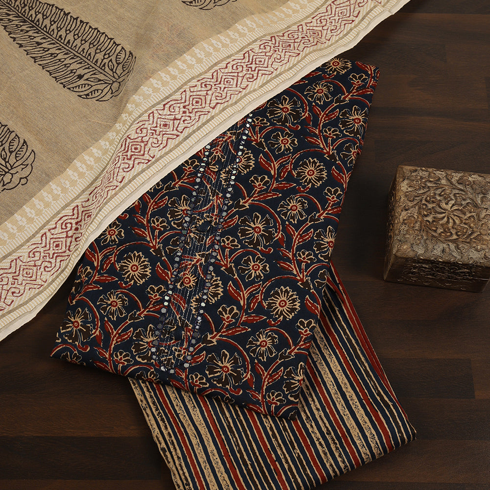 Ethnic Floral Print Cotton Suit Set with Foil Thread Embroidery & Printed Dupatta