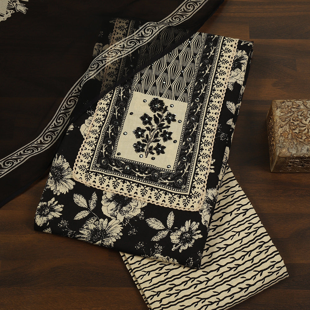 Printed Cotton Unstitched Suit with Neck Patch