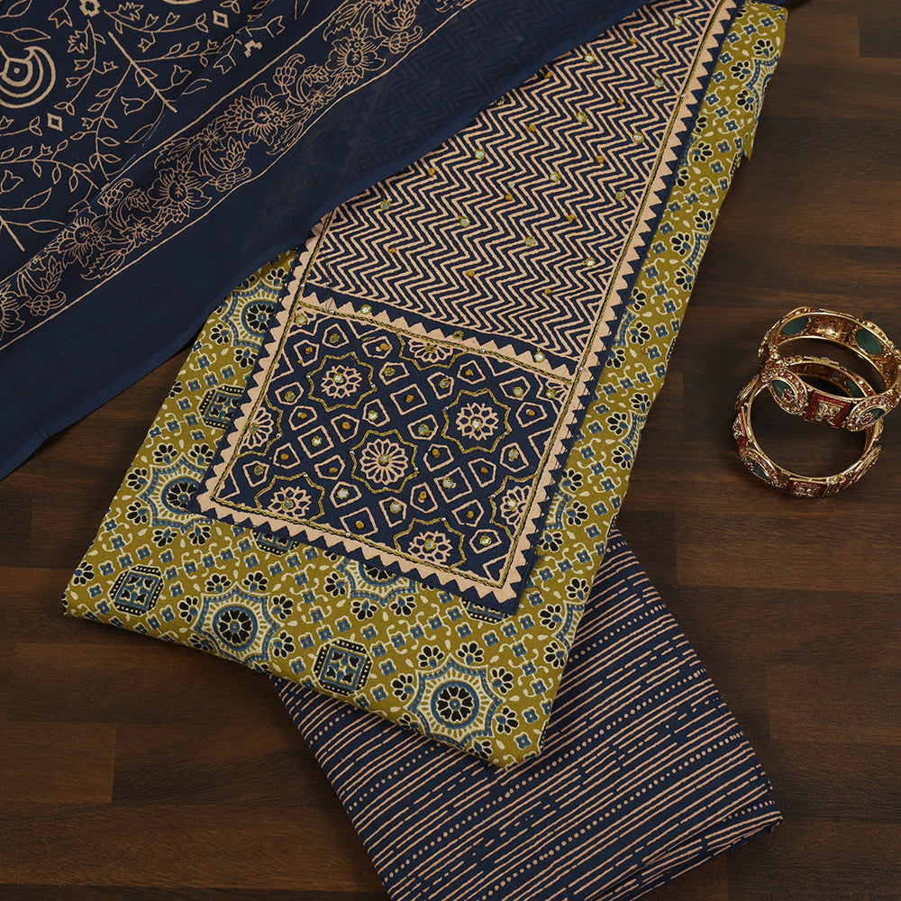 Cotton Fabric Unstitched Suit With Ajrakh Print