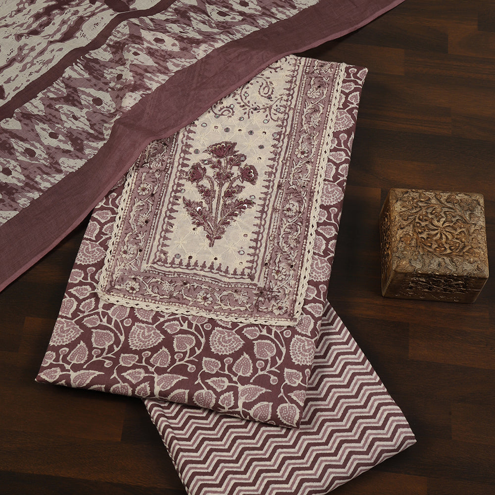 Cotton Unstitched Suit with Stylish Neck Patch