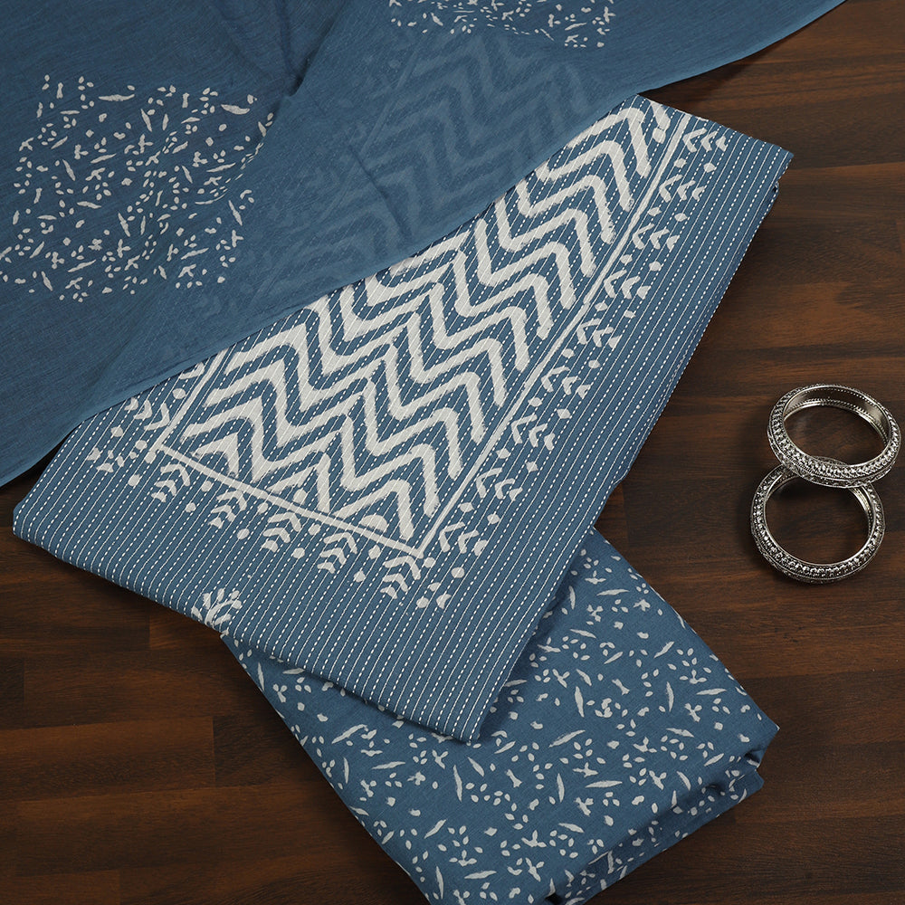 Serene Blue Floral Printed Cotton Unstitched Suit