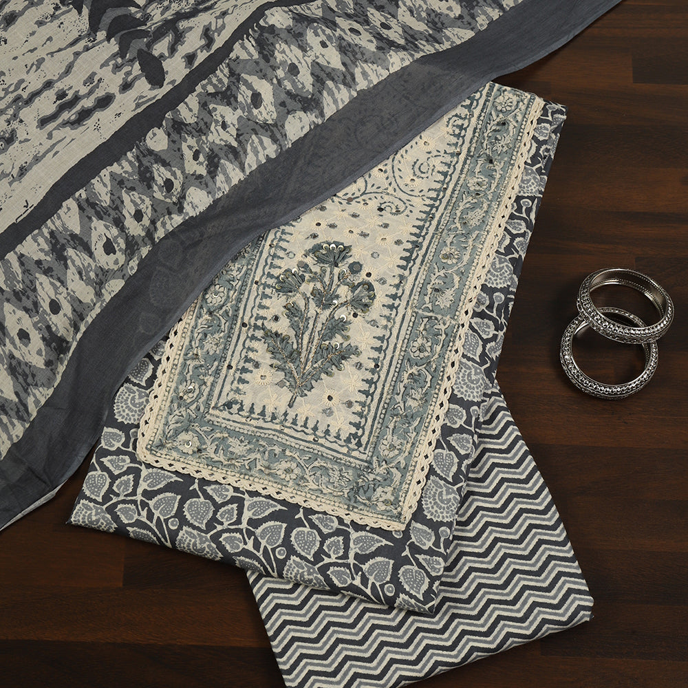 Cotton Unstitched Suit with Stylish Neck Patch