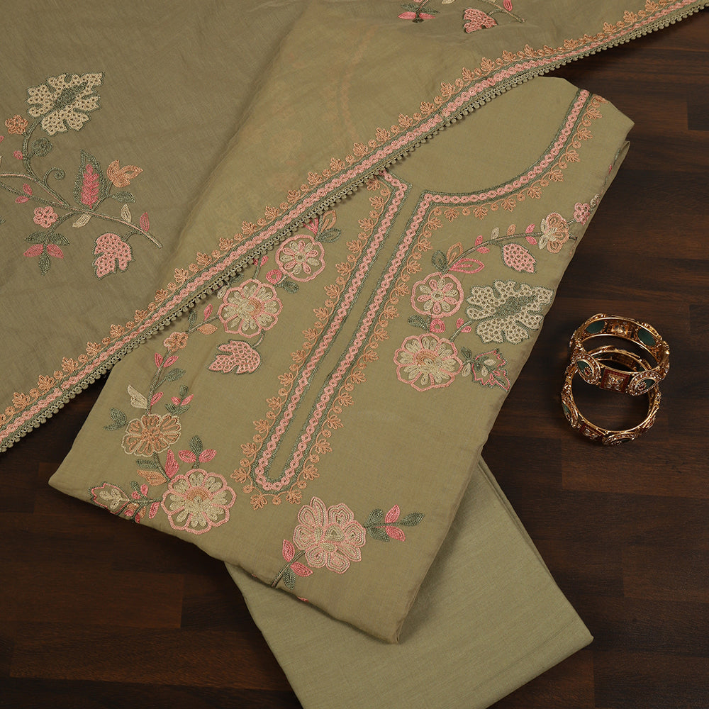 Cotton Unstitched Suit With Multi Resham Thread Work