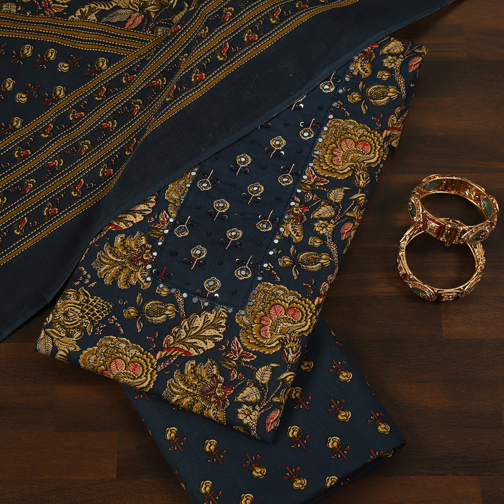 Printed Cotton Unstitched Suit with Mirror & Thread Work