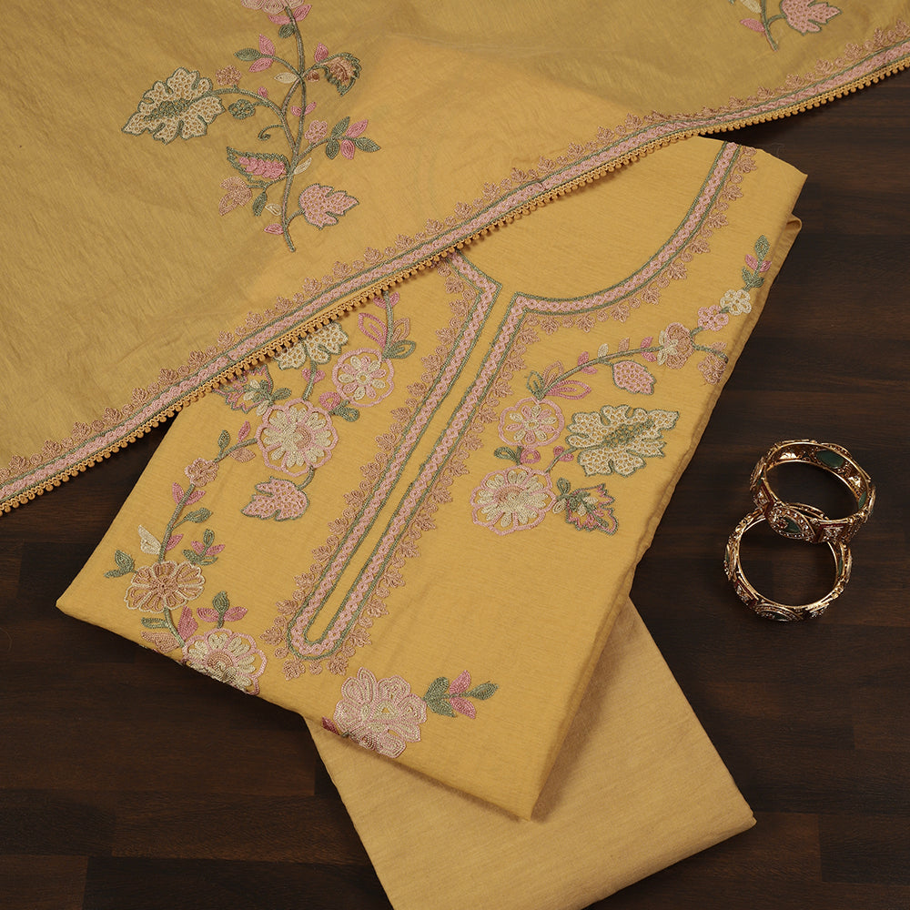 Cotton Unstitched Suit With Multi Resham Thread Work