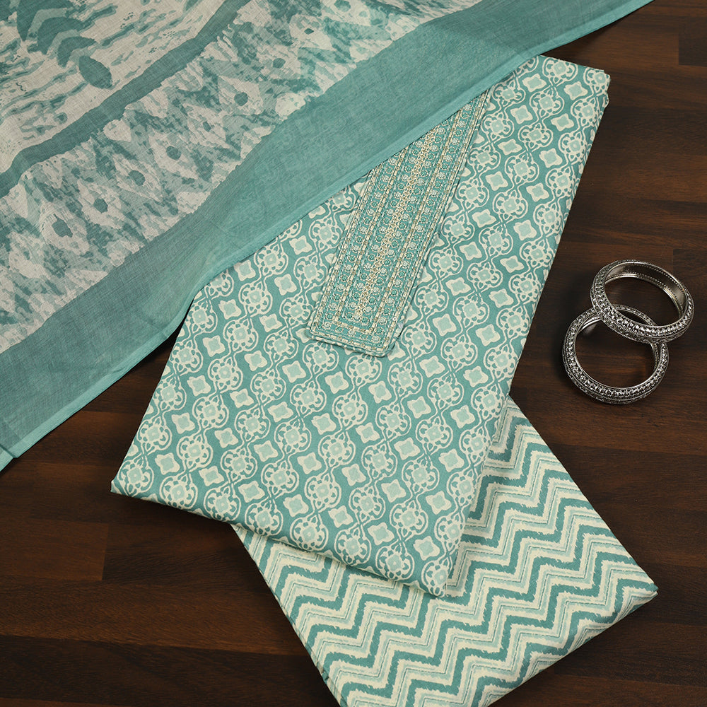 Printed Cotton Unstitched Suit with Stylish Neck Patch