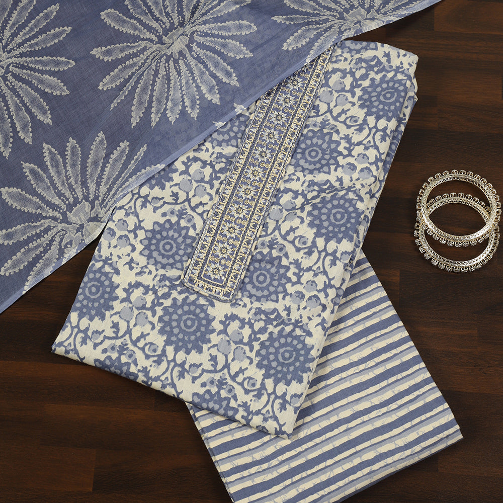 Printed Cotton Unstitched Suit with Stylish Neck Patch